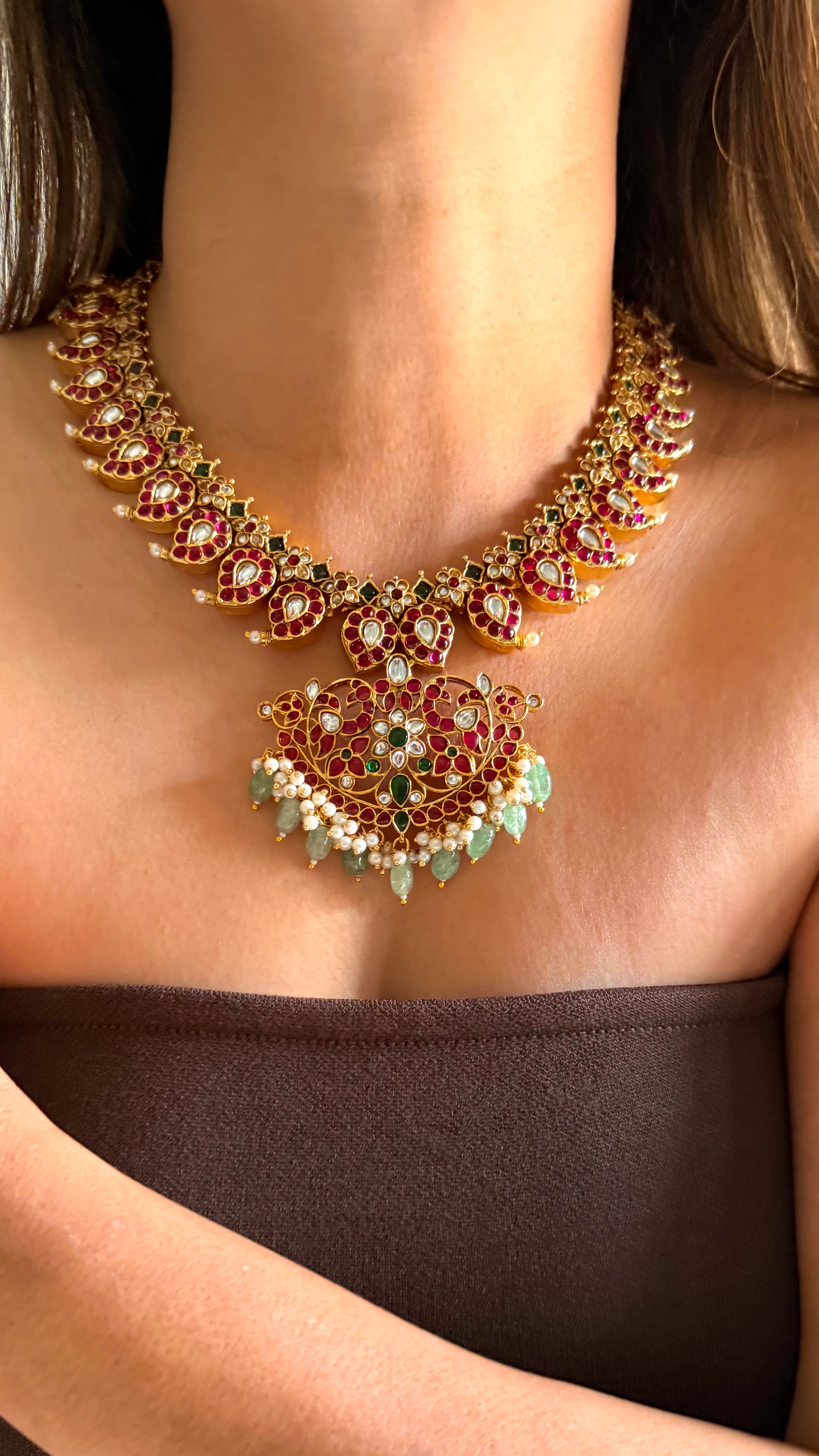 Rani pink & mint keri design temple jewellery set