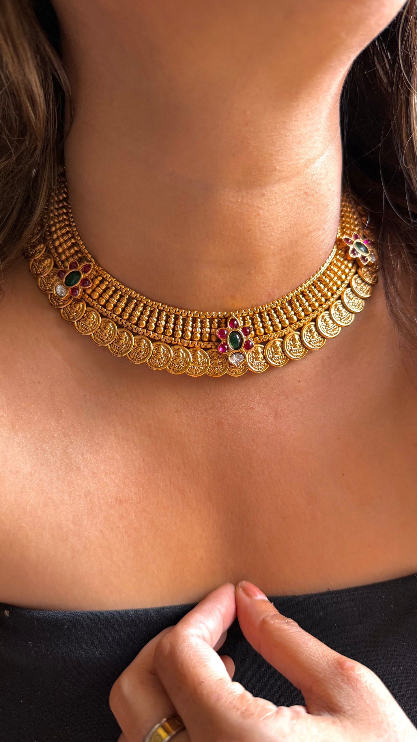 Mahalaxmi coin set with emerald detailing