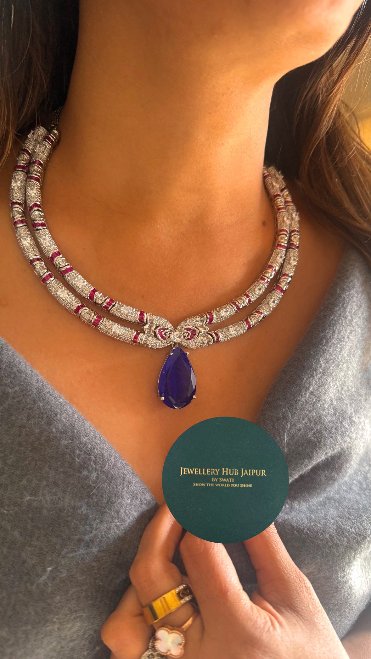 Sapphire doublet cz diamond necklace