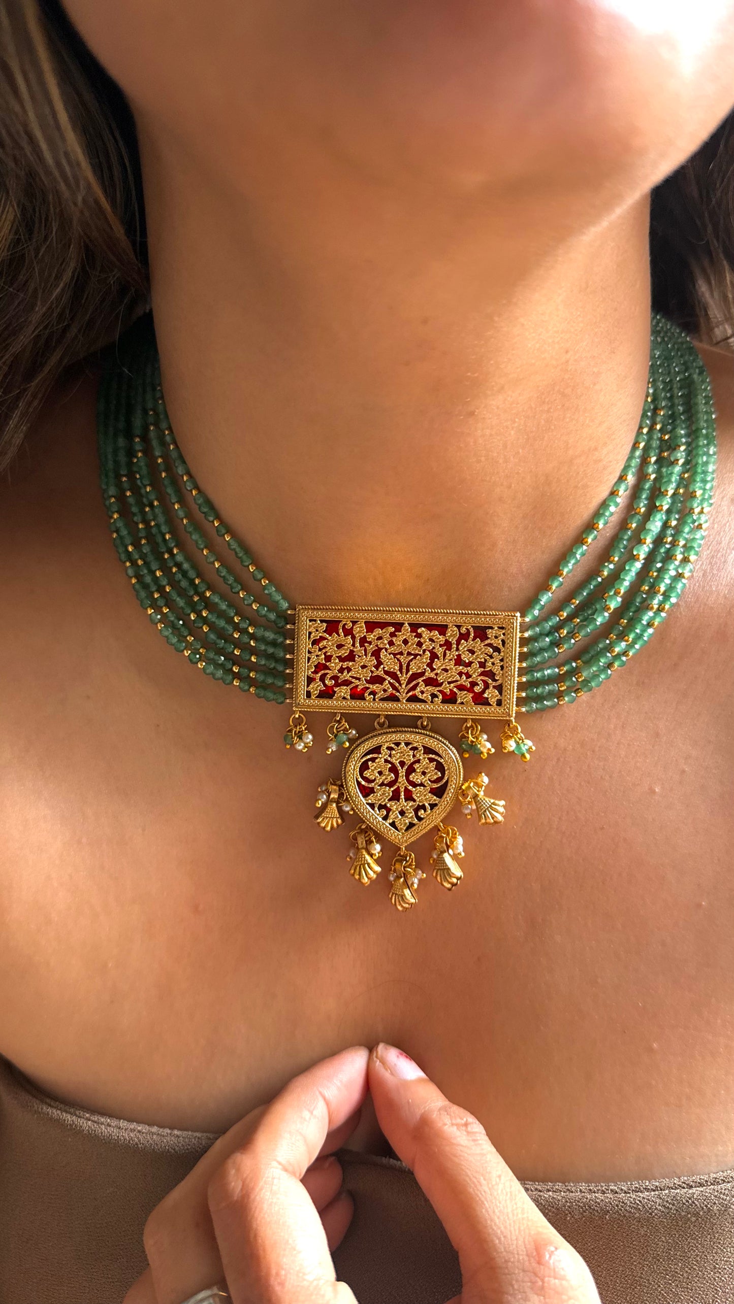 Theva work ruby & mint necklace