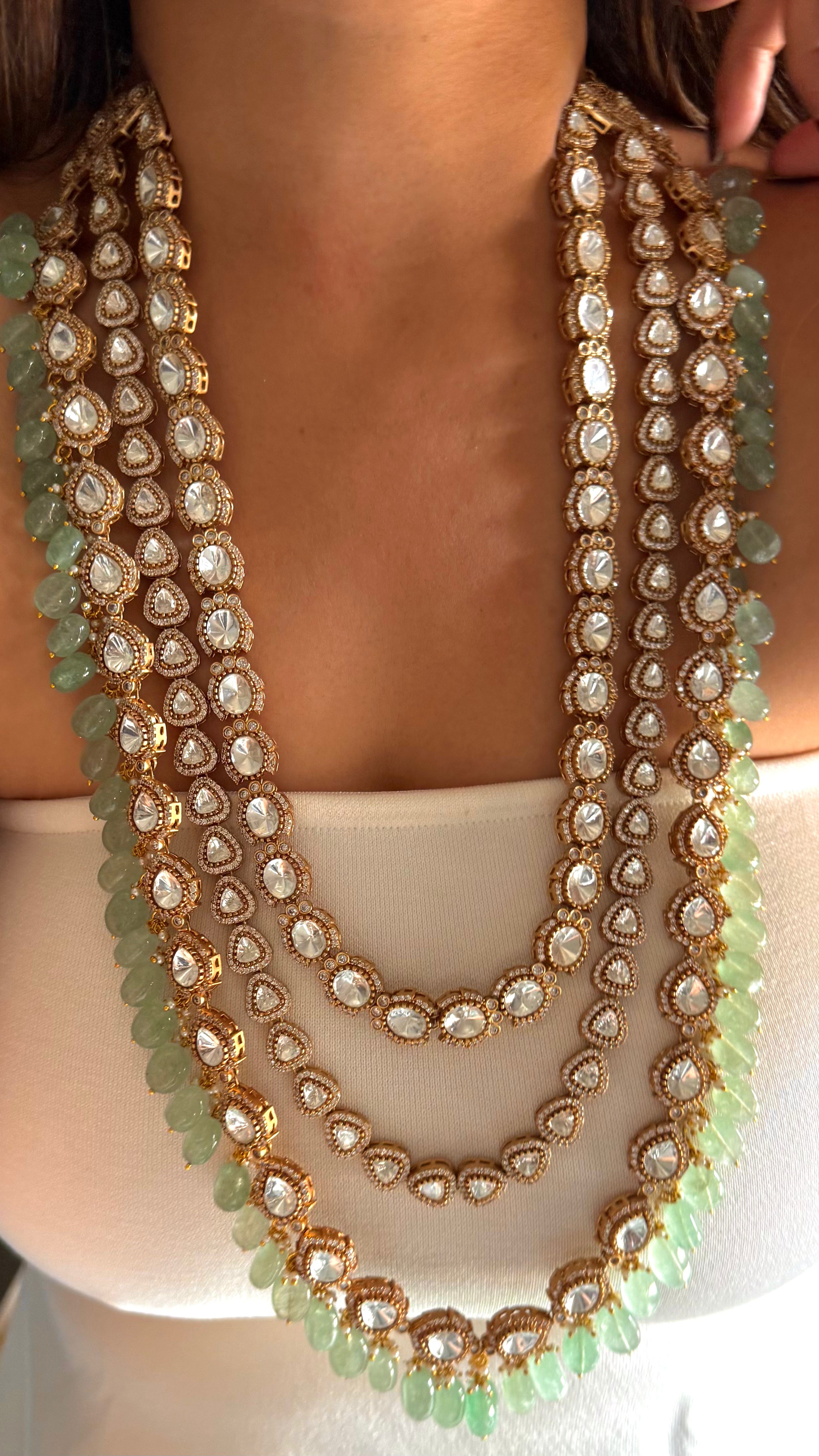 Triple layered moissanite polki & mint rani haar