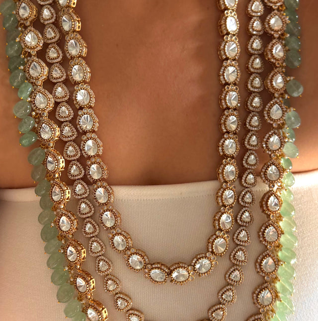 Triple layered moissanite polki & mint rani haar