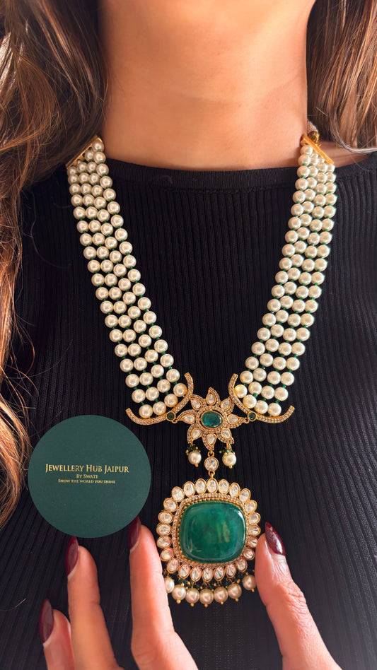 Designer pearl & emerald Moissanite necklace