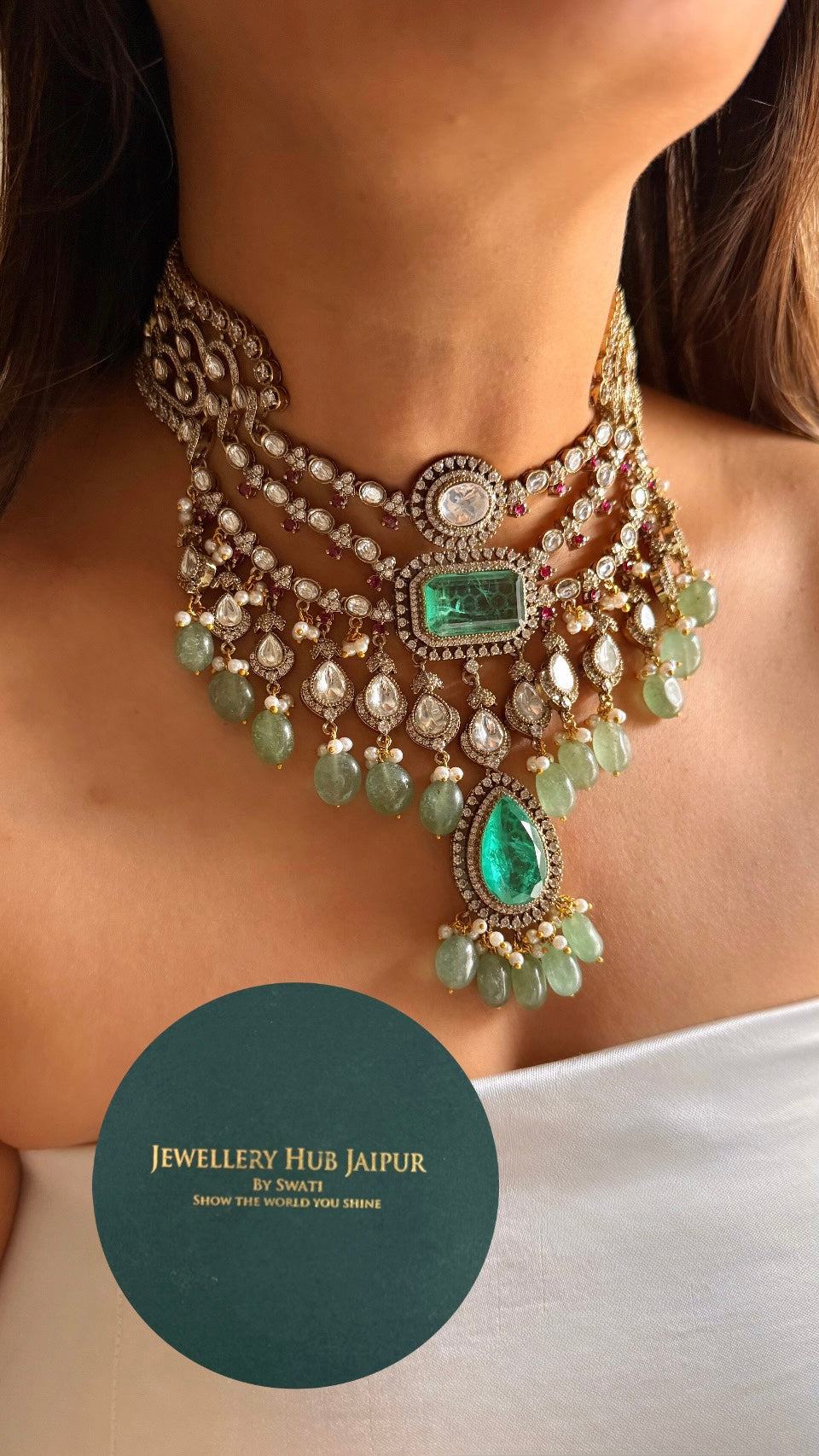 Mint doublet uncut polki triple line choker with mint drops