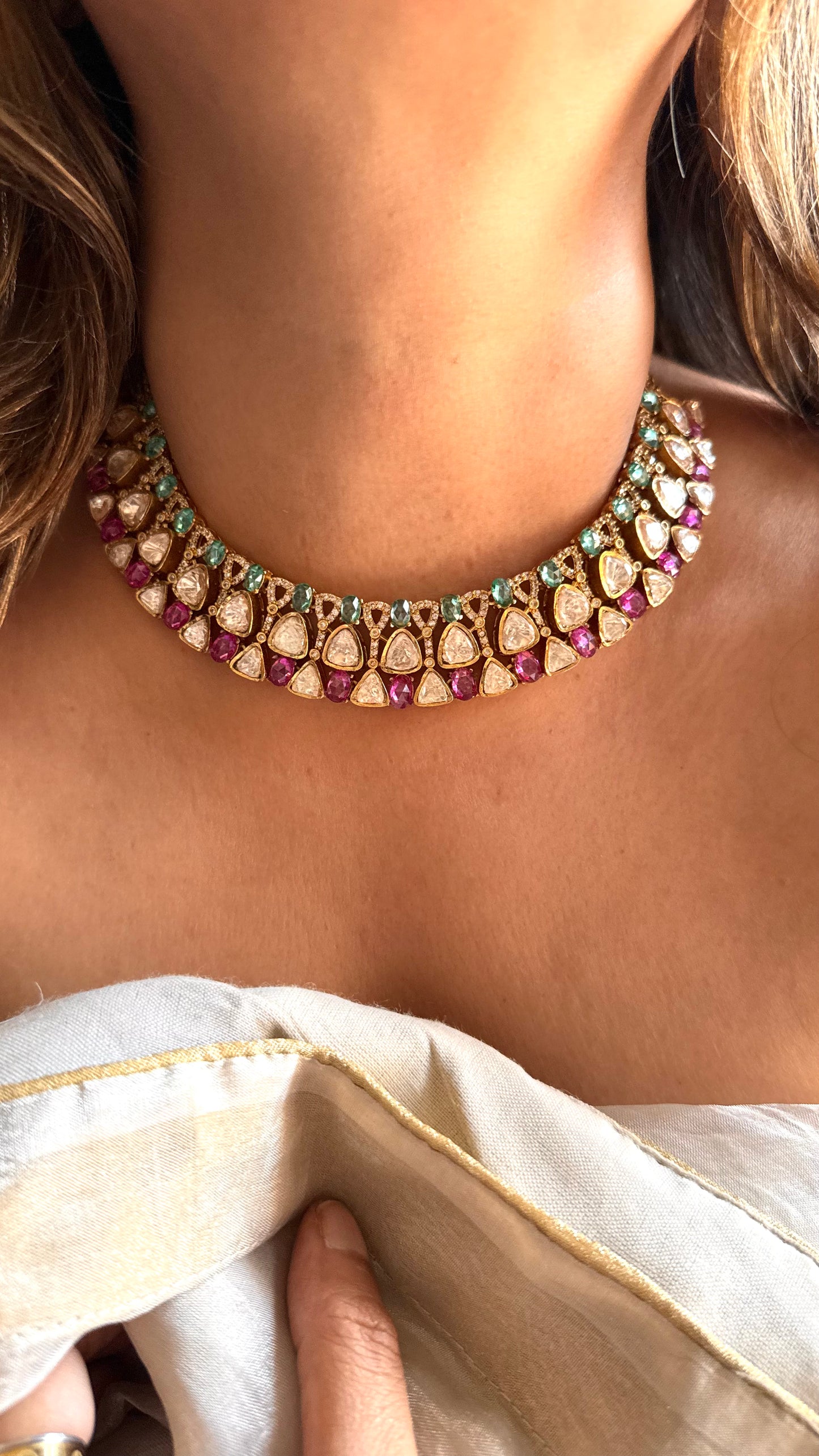 Mint & Pink LV Polki collar necklace