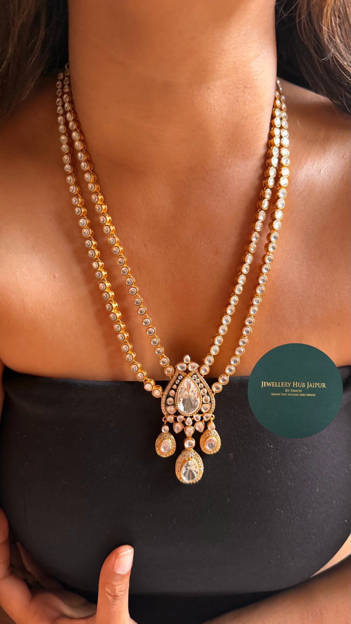 Dual line moissanite polki with pendant long Necklace