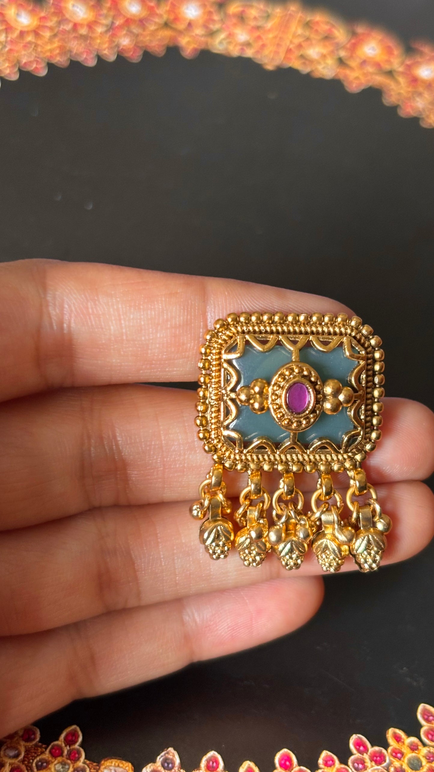 Rani pink with gungroo drops golden adjustable ring