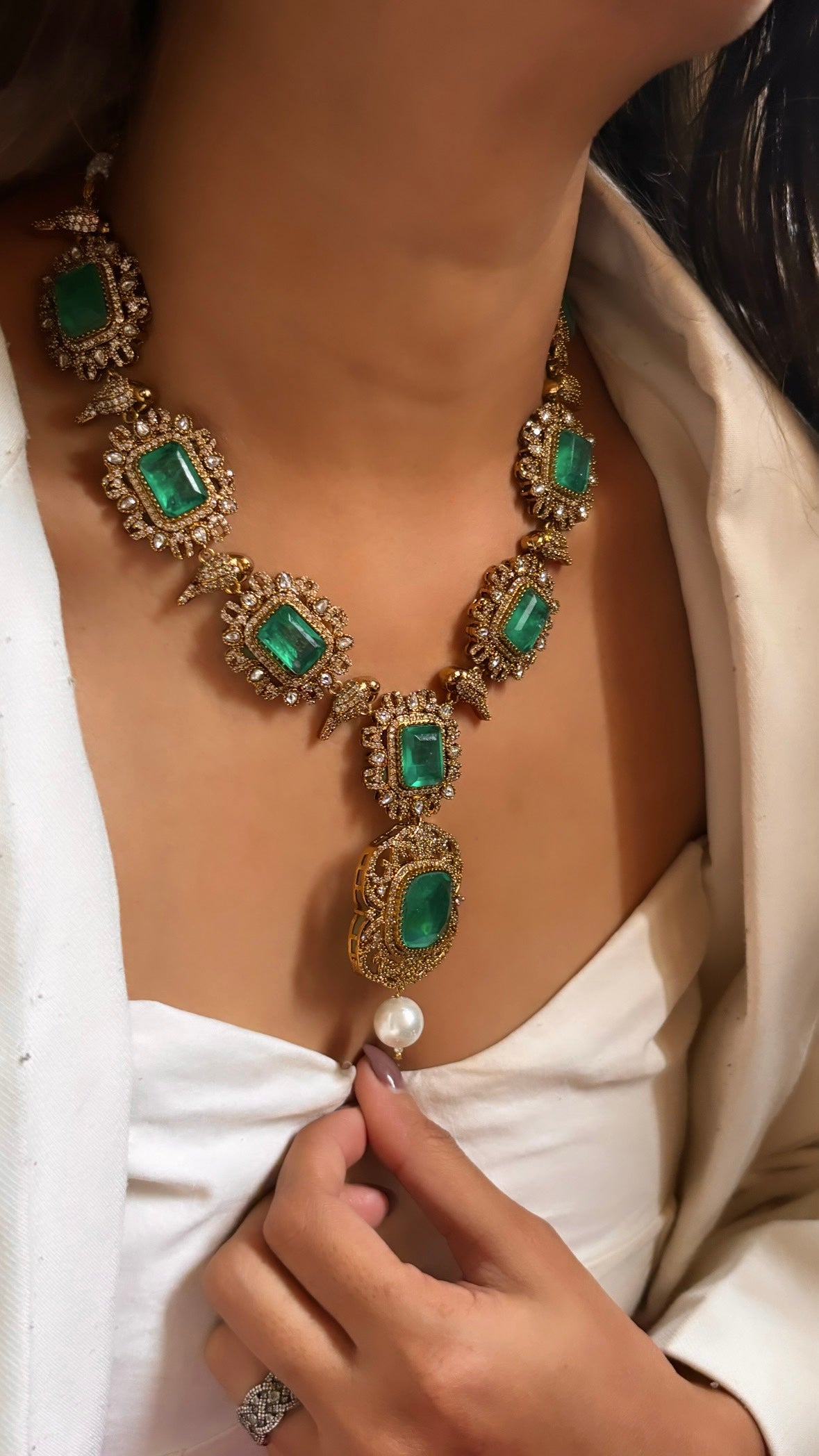 Emerald mint victorian Moissanite necklace