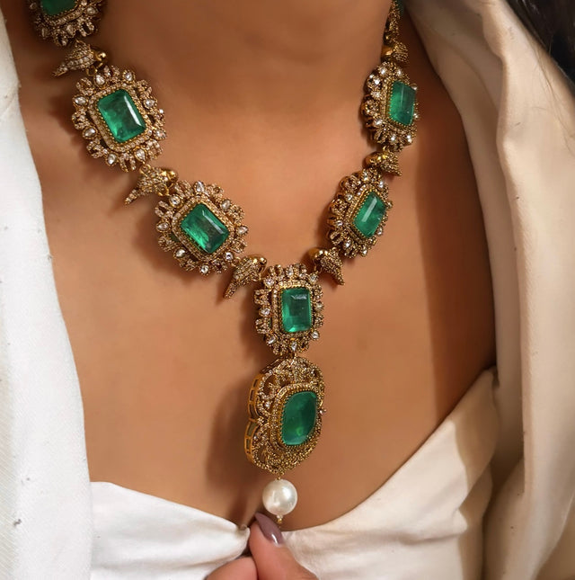 Emerald mint victorian Moissanite necklace