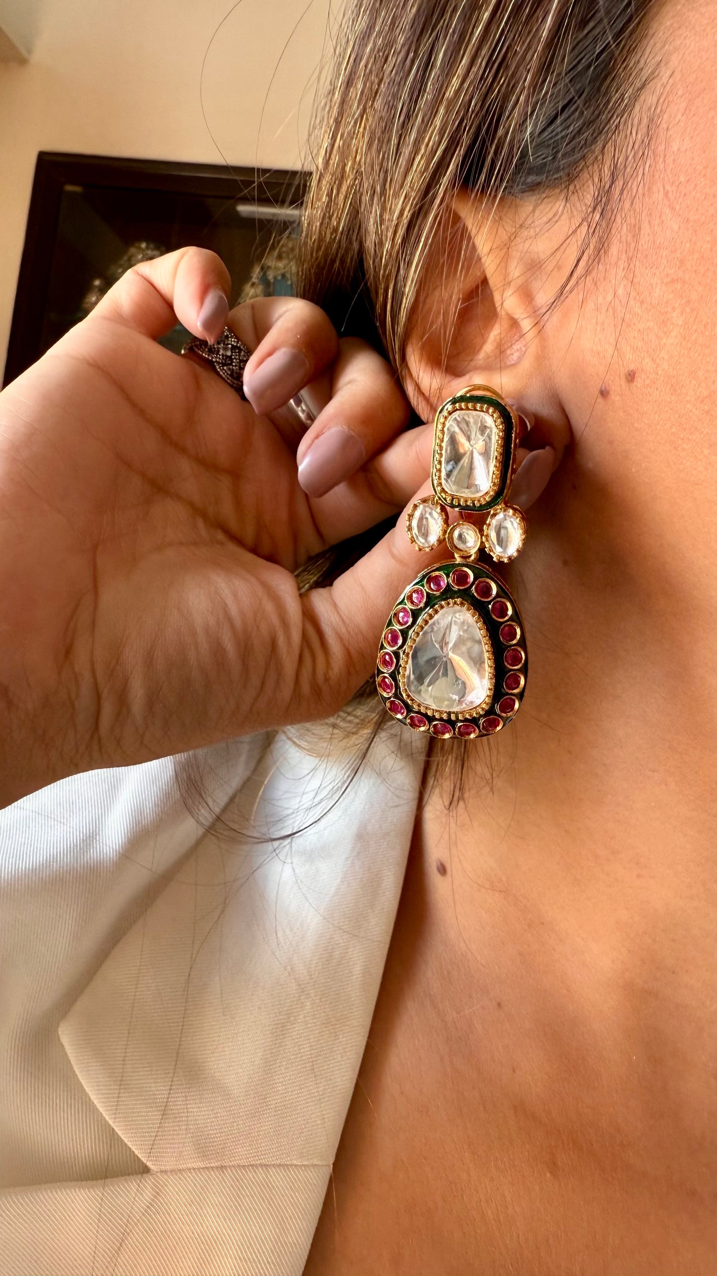 Emerald ruby meeenakari uncut polki earring