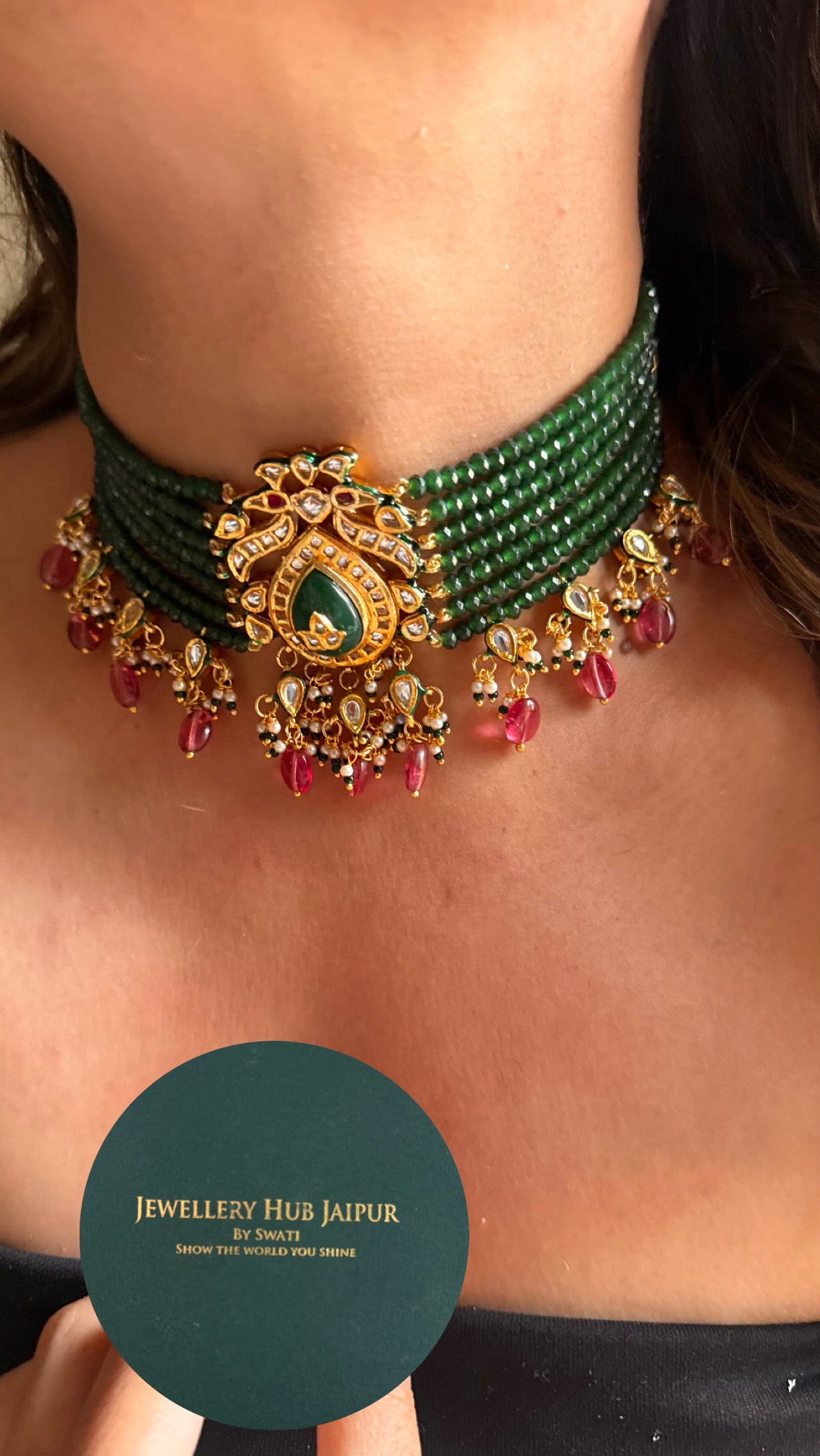 Emerald inlay Meenakari with rose quartz drop choker Necklace