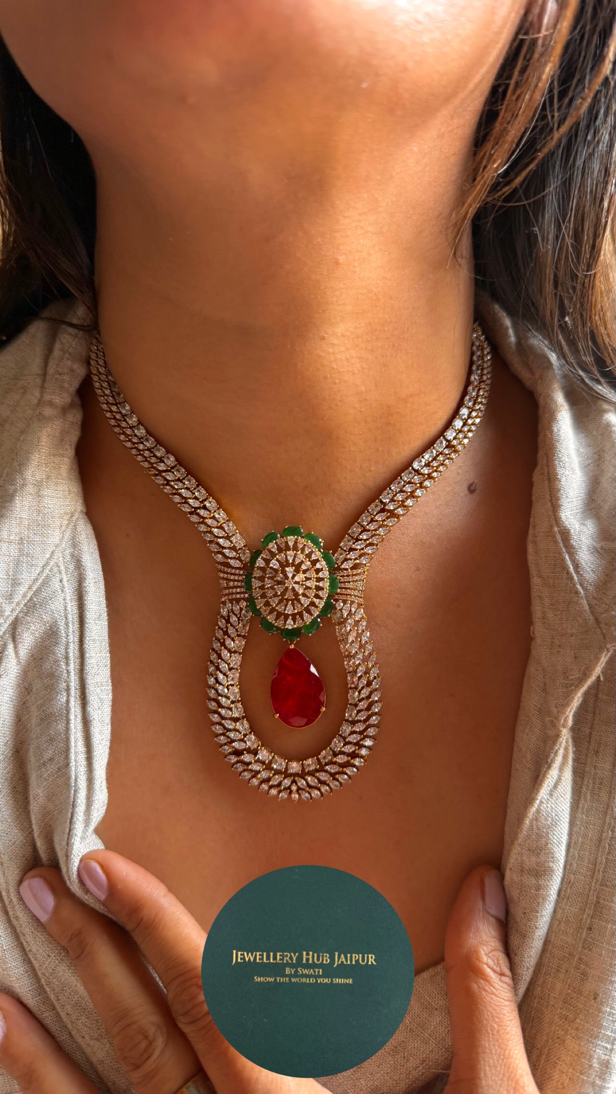 Emerald & ruby doublets with cz diamond designer necklace