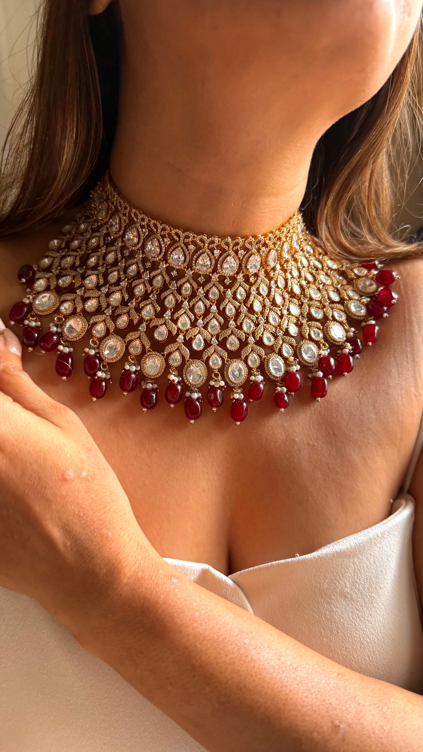Chetna Moissanite polki bridal choker with ruby drops