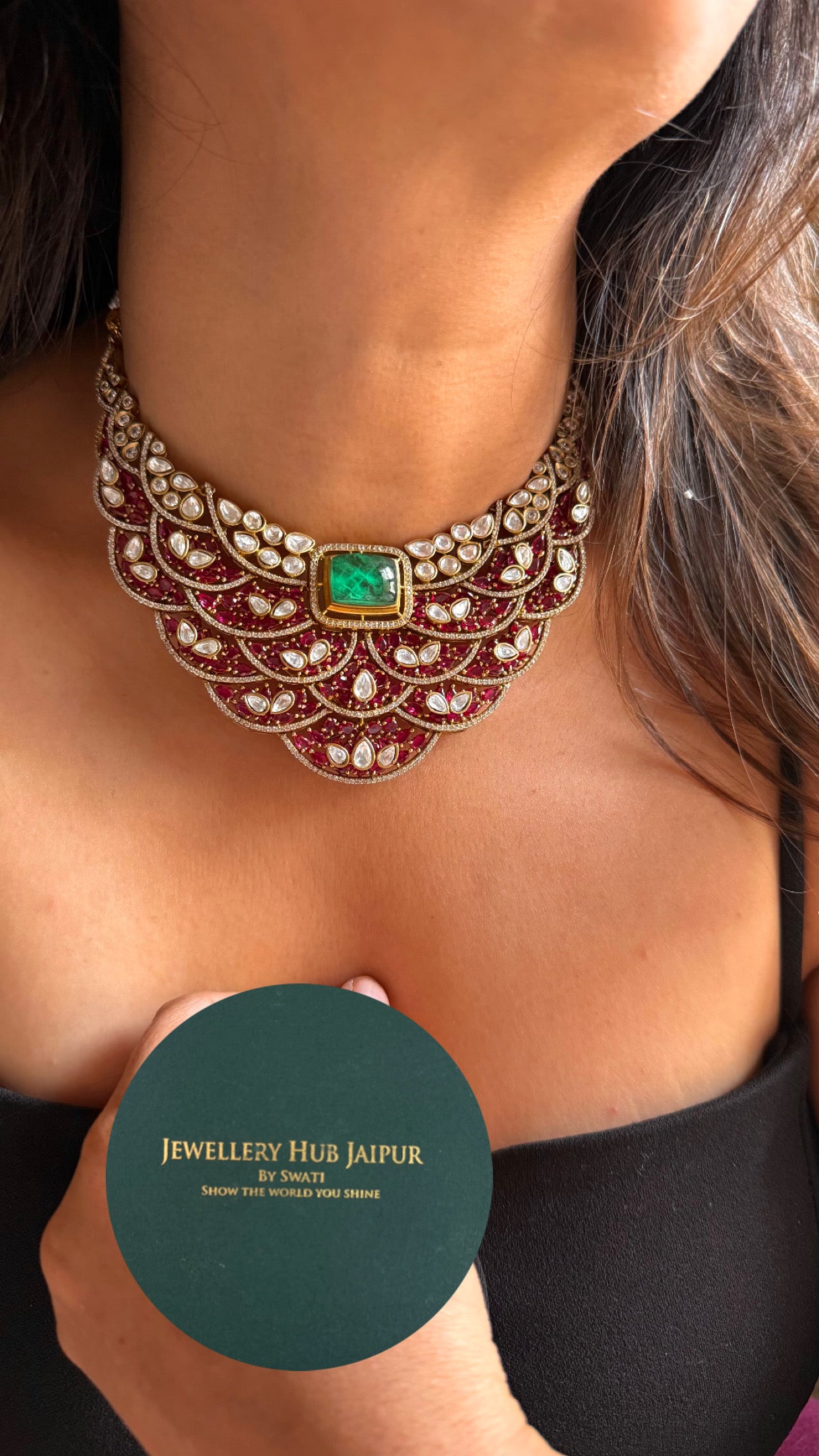 Emerald doublet & rani pink feathered designer Necklace