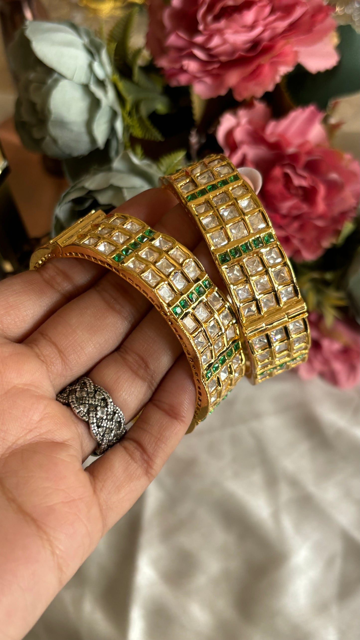 Emerald Moissanite triple line bangles at openable