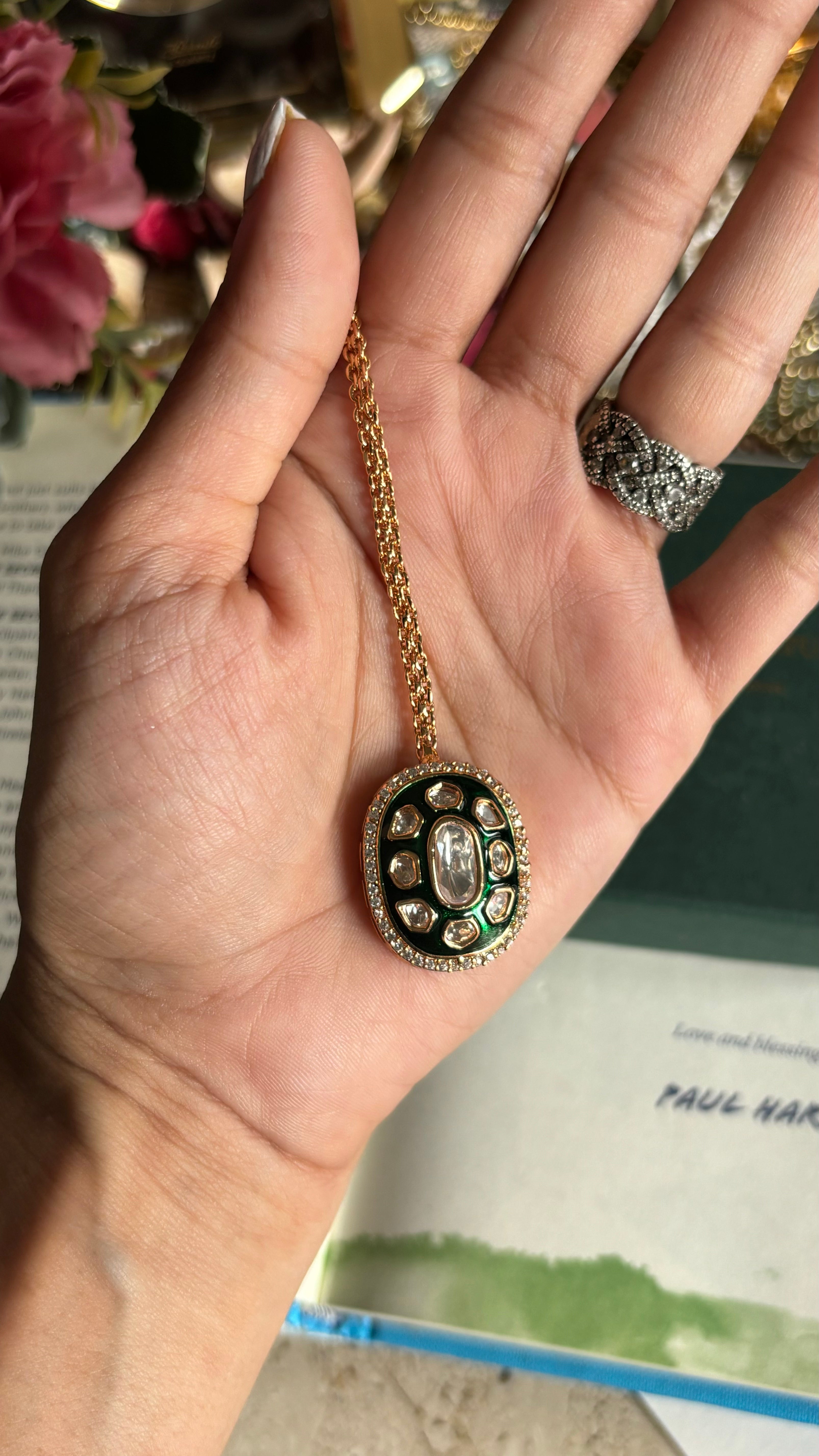 Emerald moissanite polki maangtika