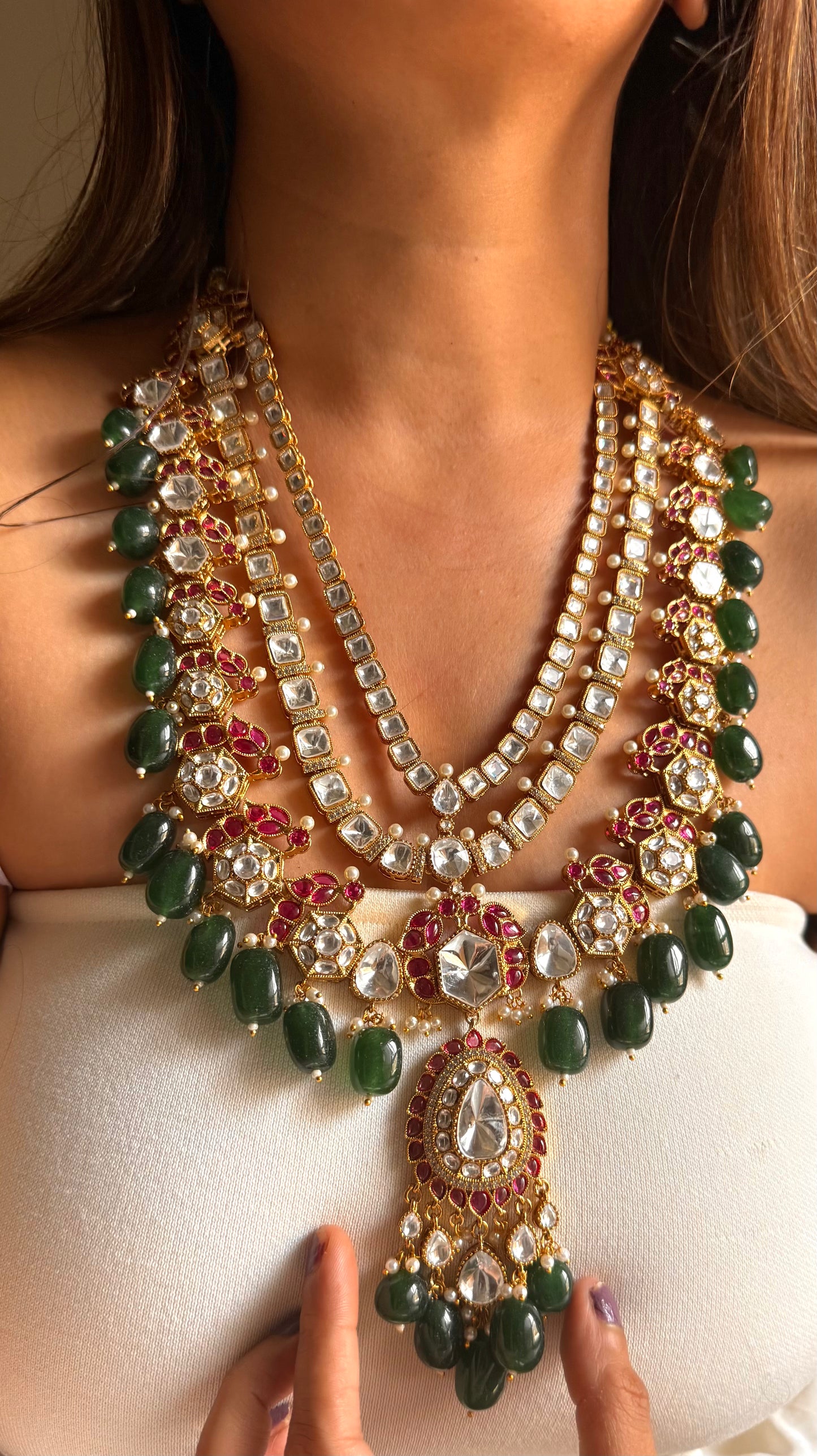 Ritu Raj Rani pink moissanite polki with emerald drop maharani haar