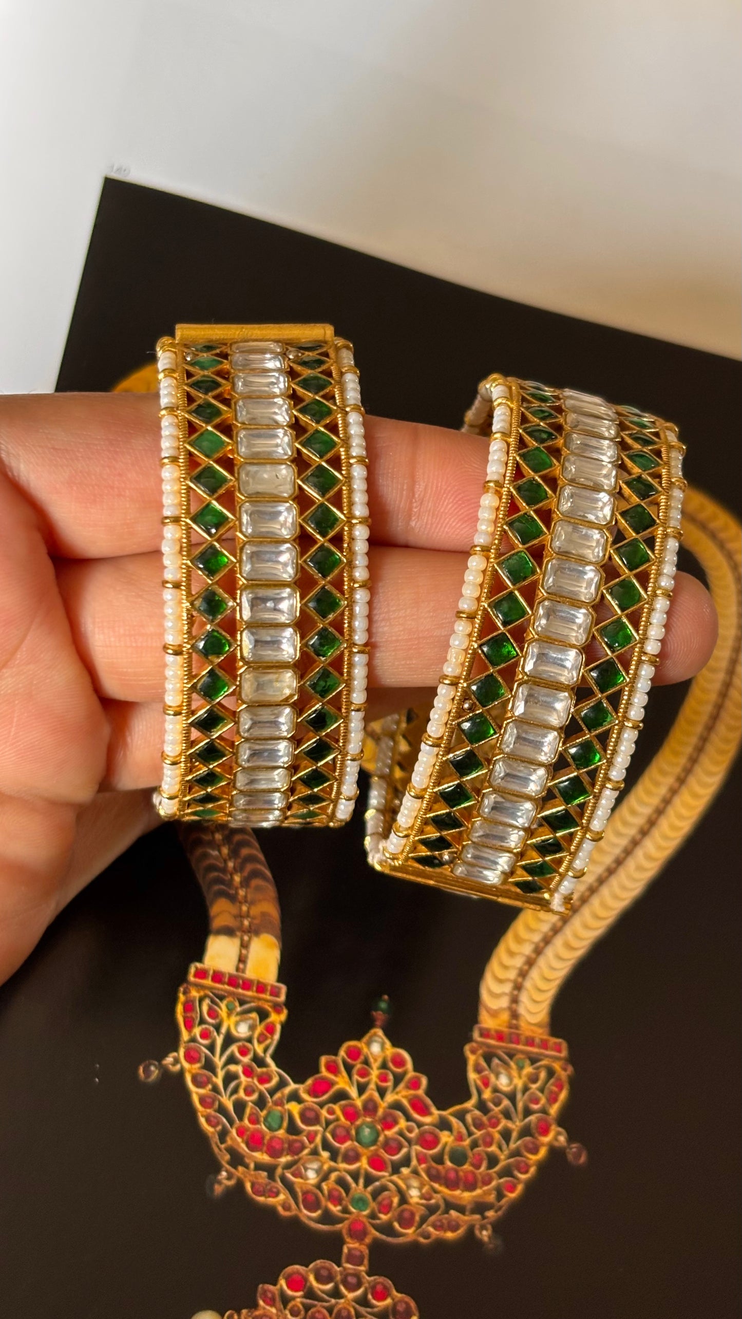 Emerald paachi jadau pearl detailing bangles