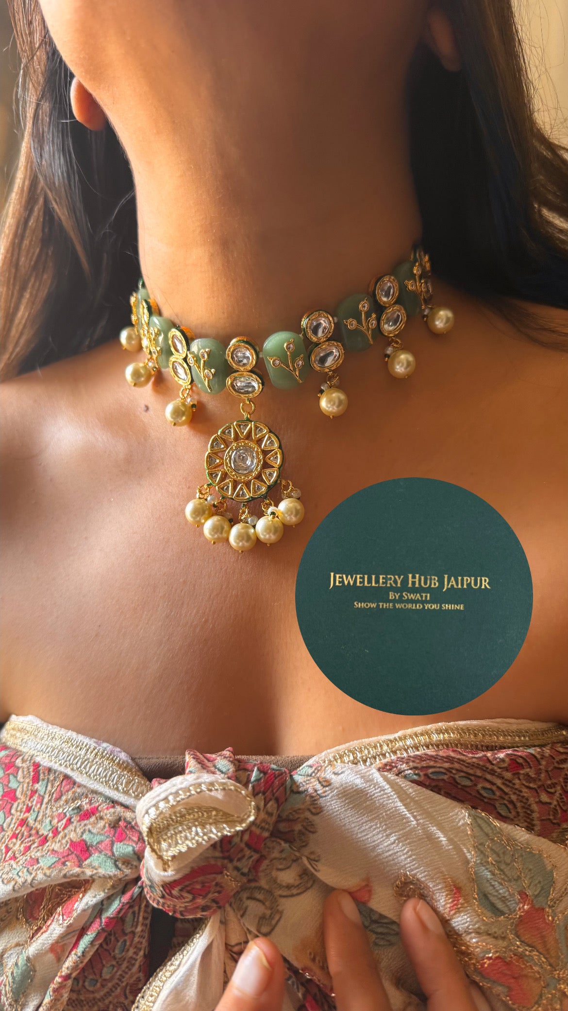 Mint inlay work & emerald meenakari paachi with pearl drop choker set