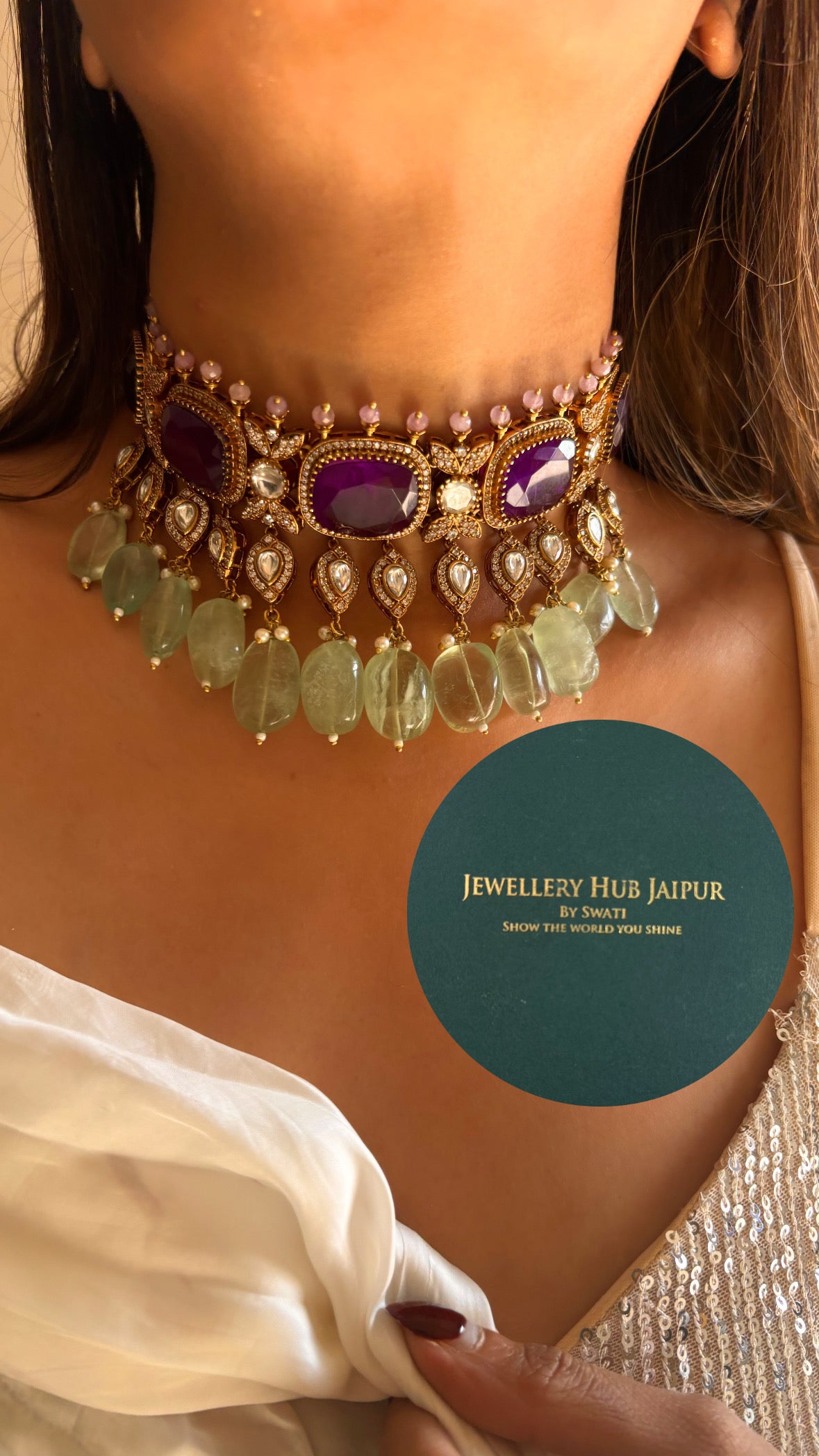Aaravi Tanzanite and mint drop statement choker