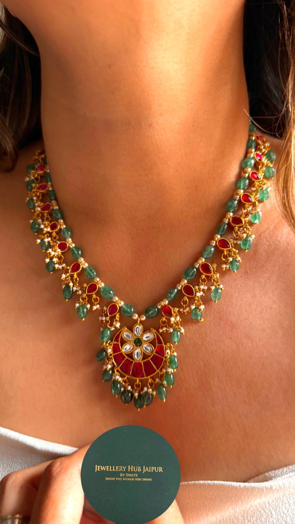 Half moon shape ruby & emerald paachi jadau Necklace