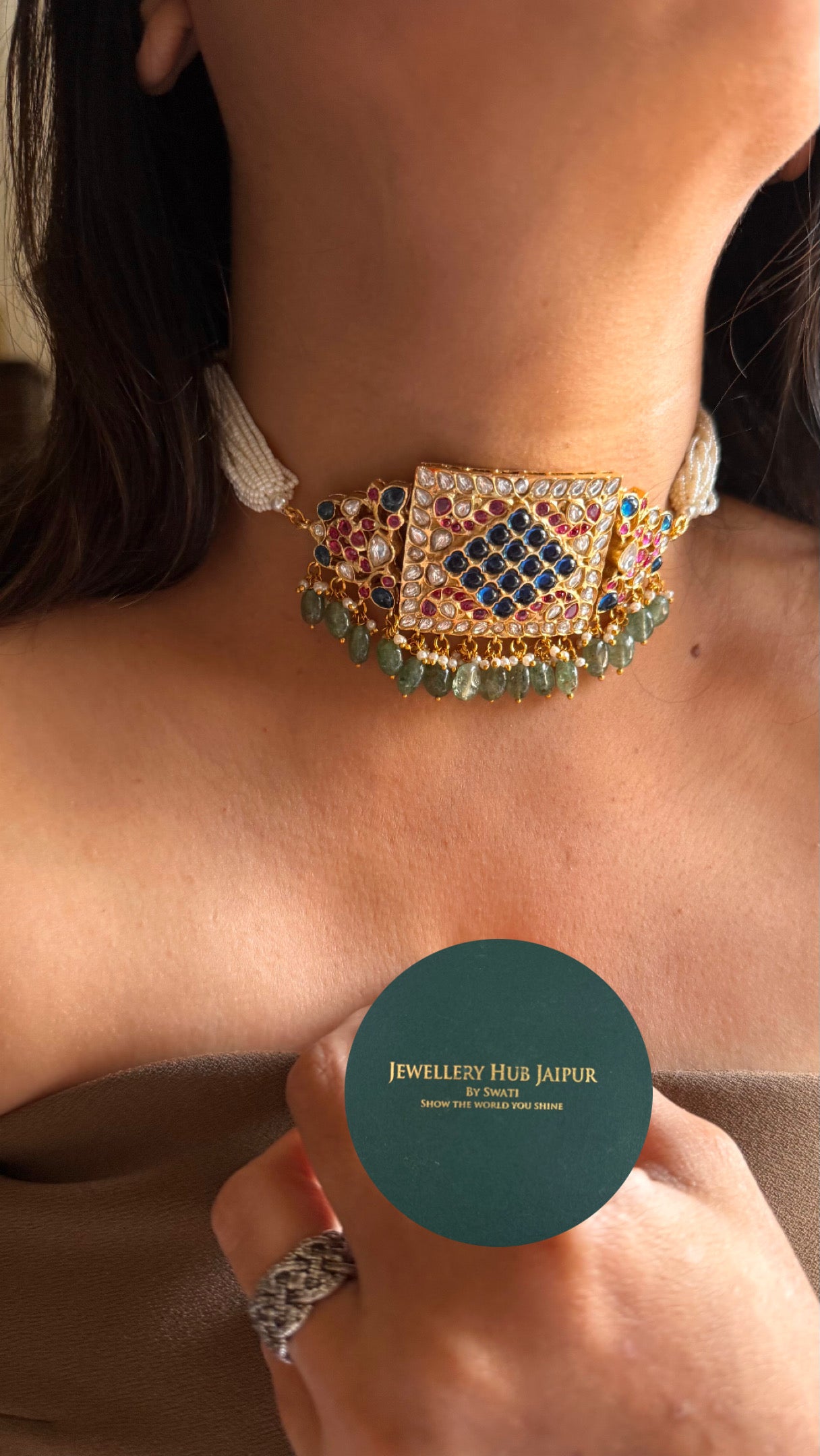 Paachi Kundan Jadaau sapphire &ruby  mint drops  thread choker necklace