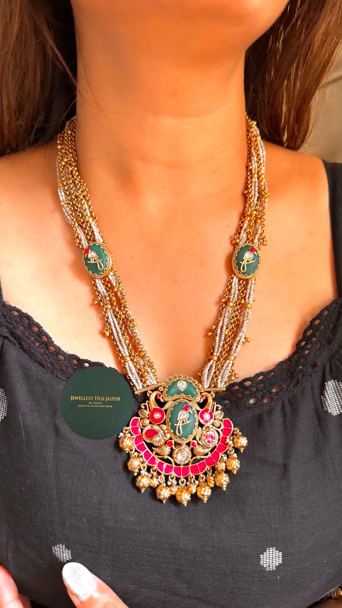 Emerald bird motif & ruby inlay rajwada set