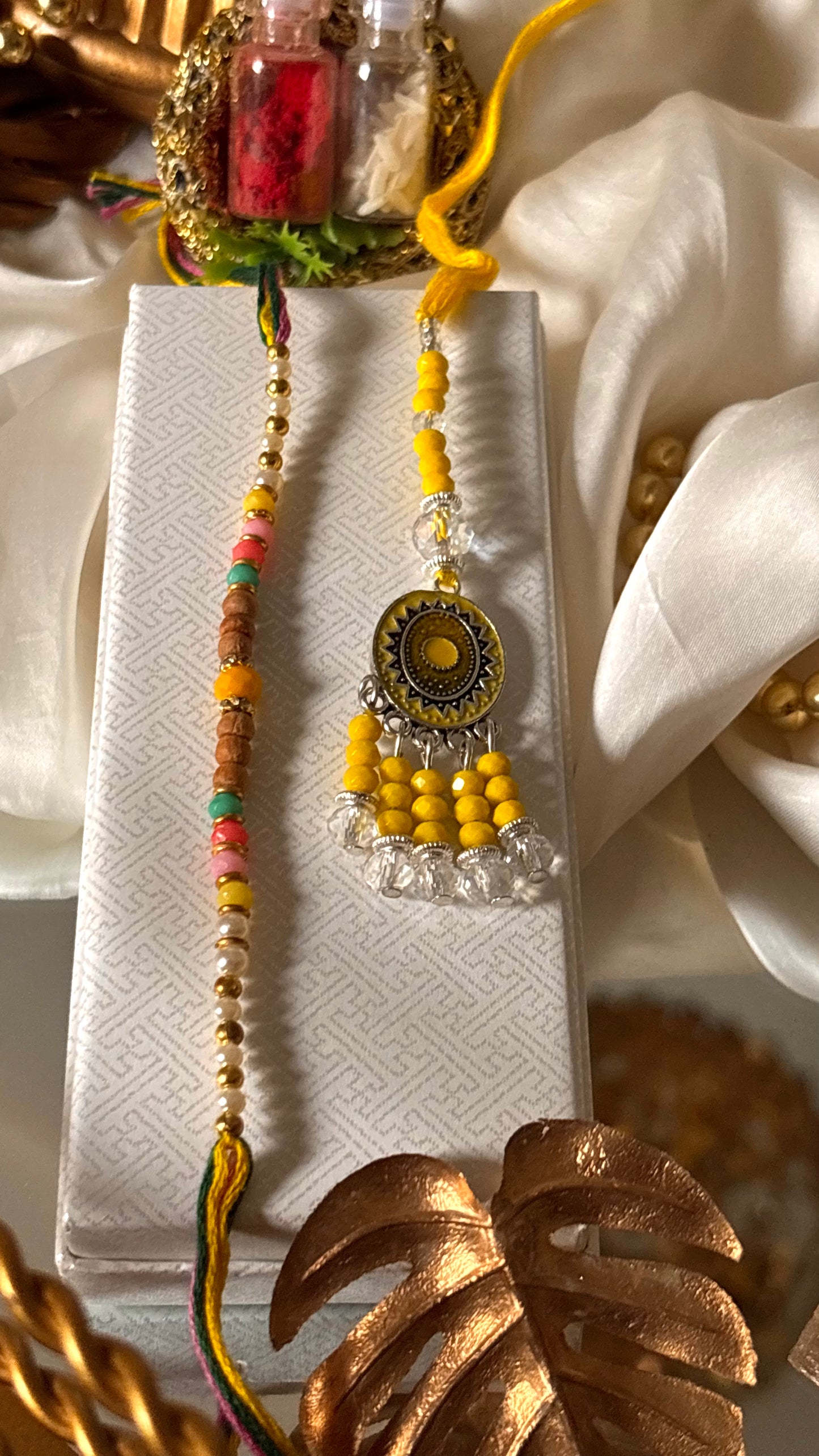 Bhaiya bhabhi lumba topaz nakashi oxidised rakhi ( shipping will be extra )