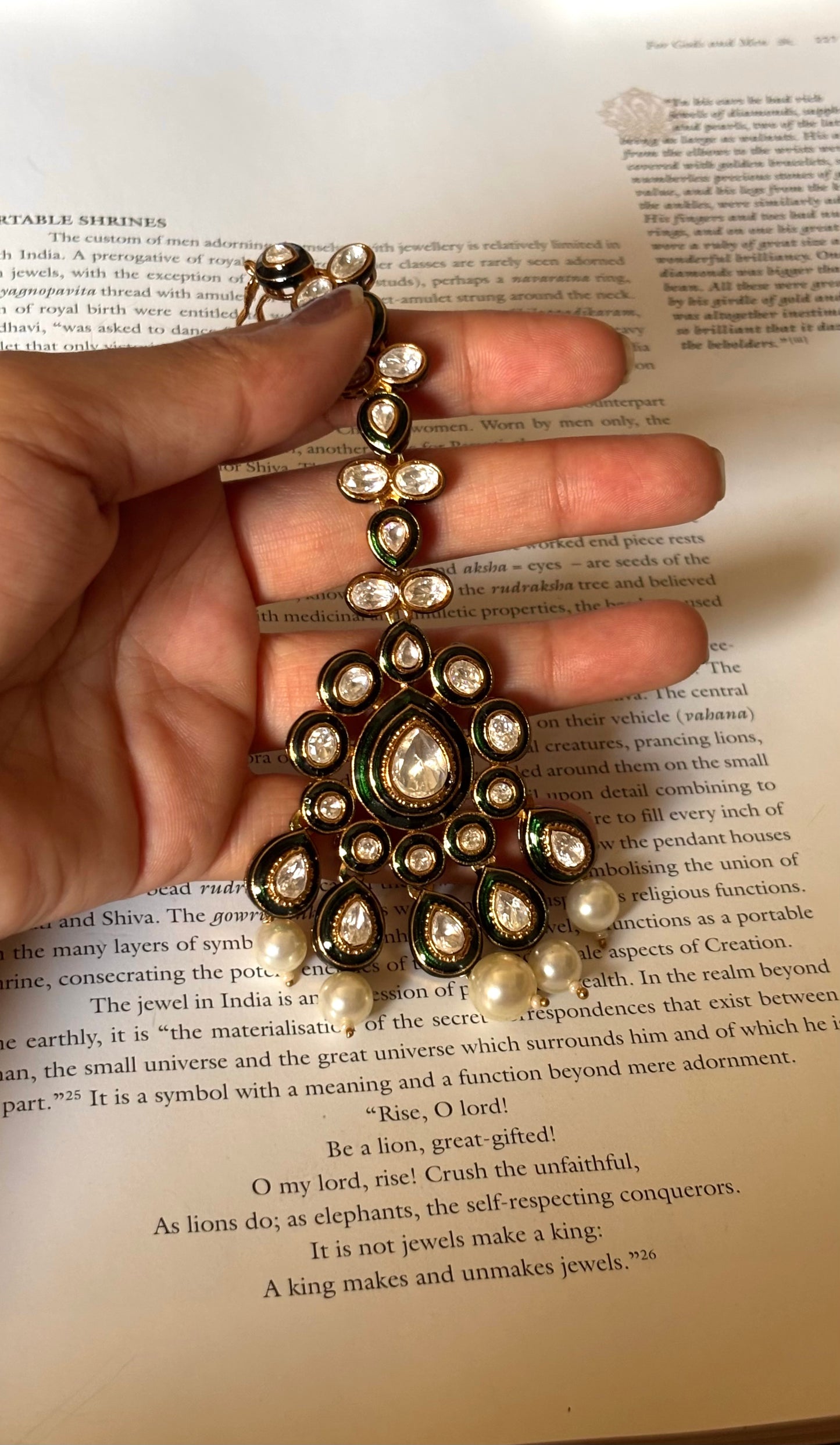 Emerald polki meenakari with pearl drops maangtikka