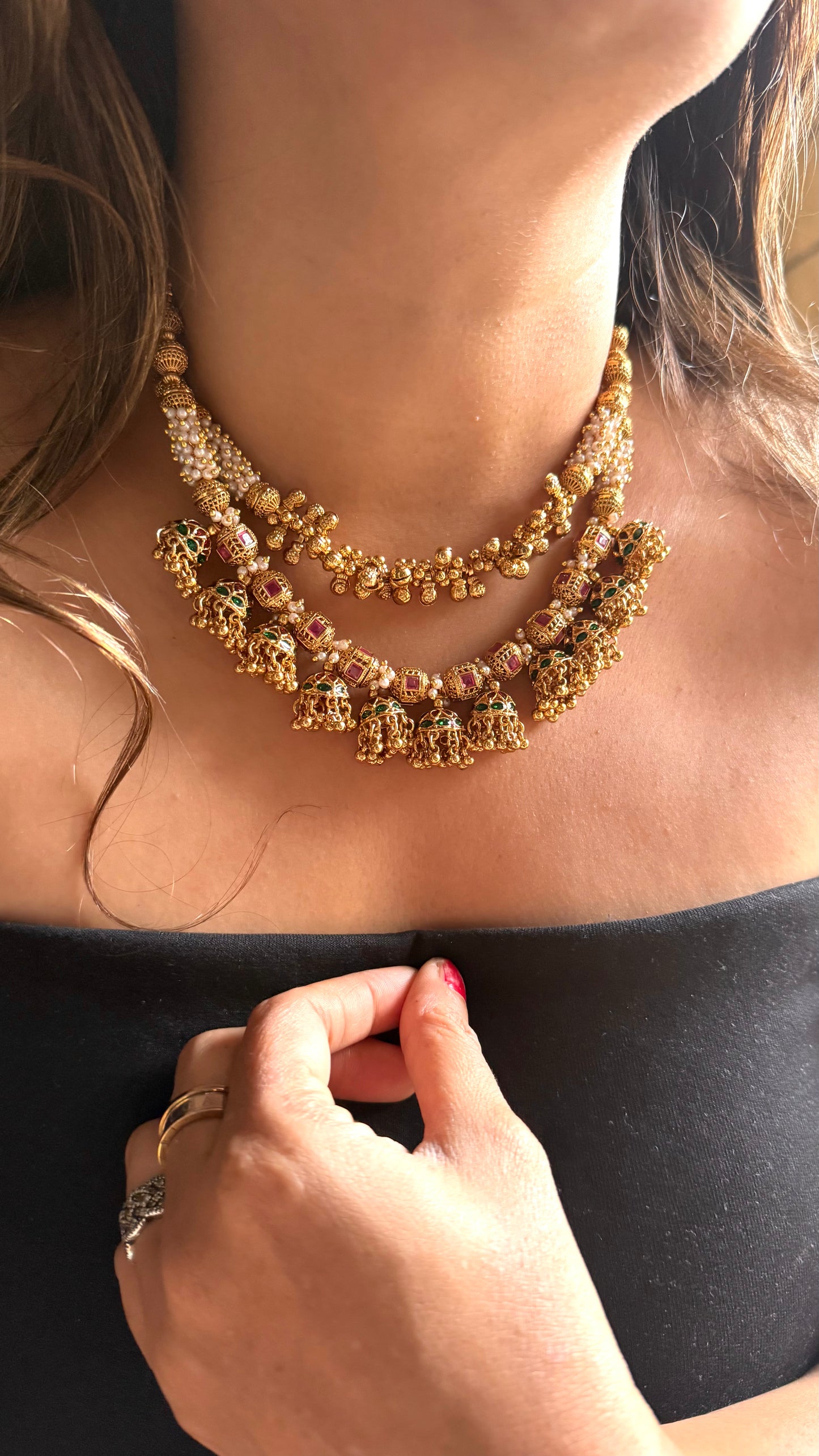 Dual line Rajwada Jhumki necklace