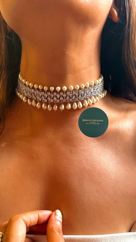 Celeste Cz diamond with pearl drop choker set