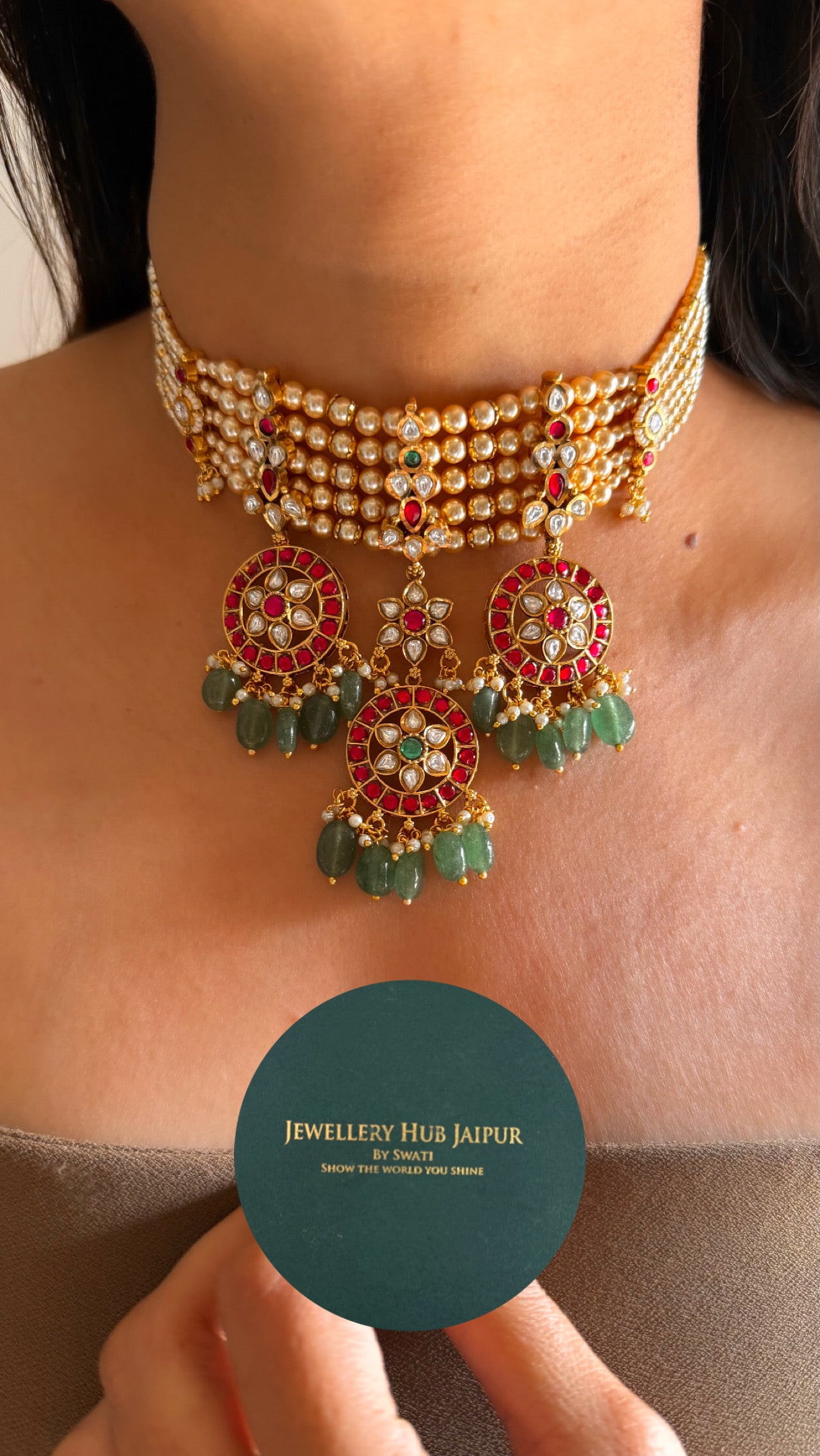 Rani pink ruby with mint drops rajwada choker Necklace