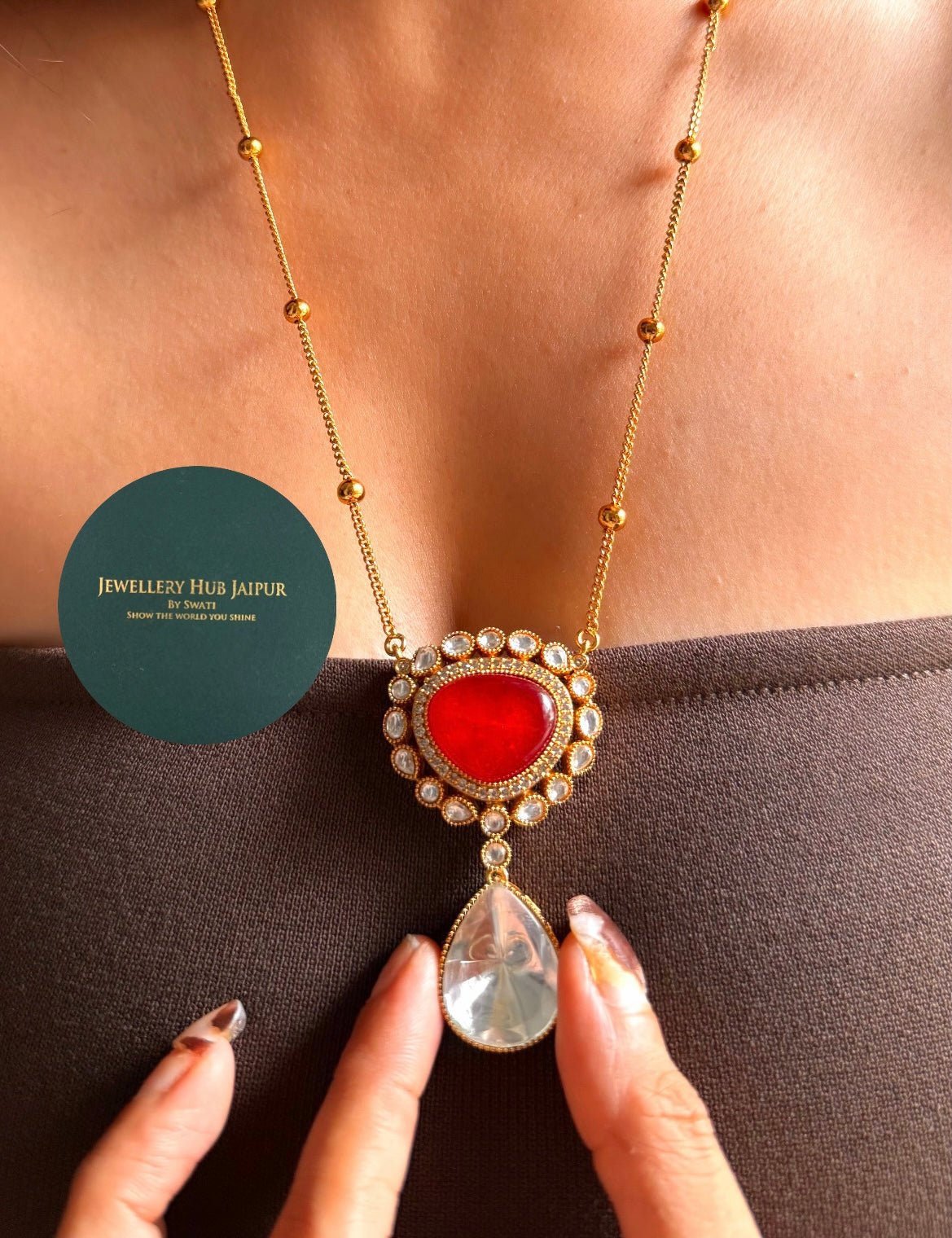 Ruby doublet moissanite uncut polki pendant set