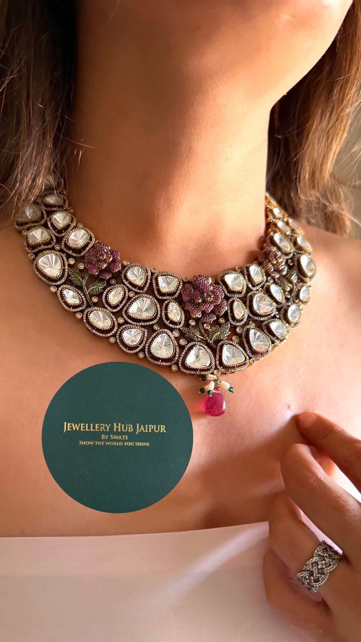 Ruby Rose moissanite polki victorian designer collar set