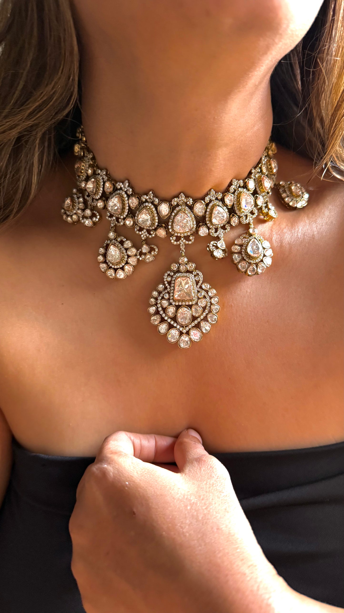 Real Moissanite Polki victorian Statement Necklace