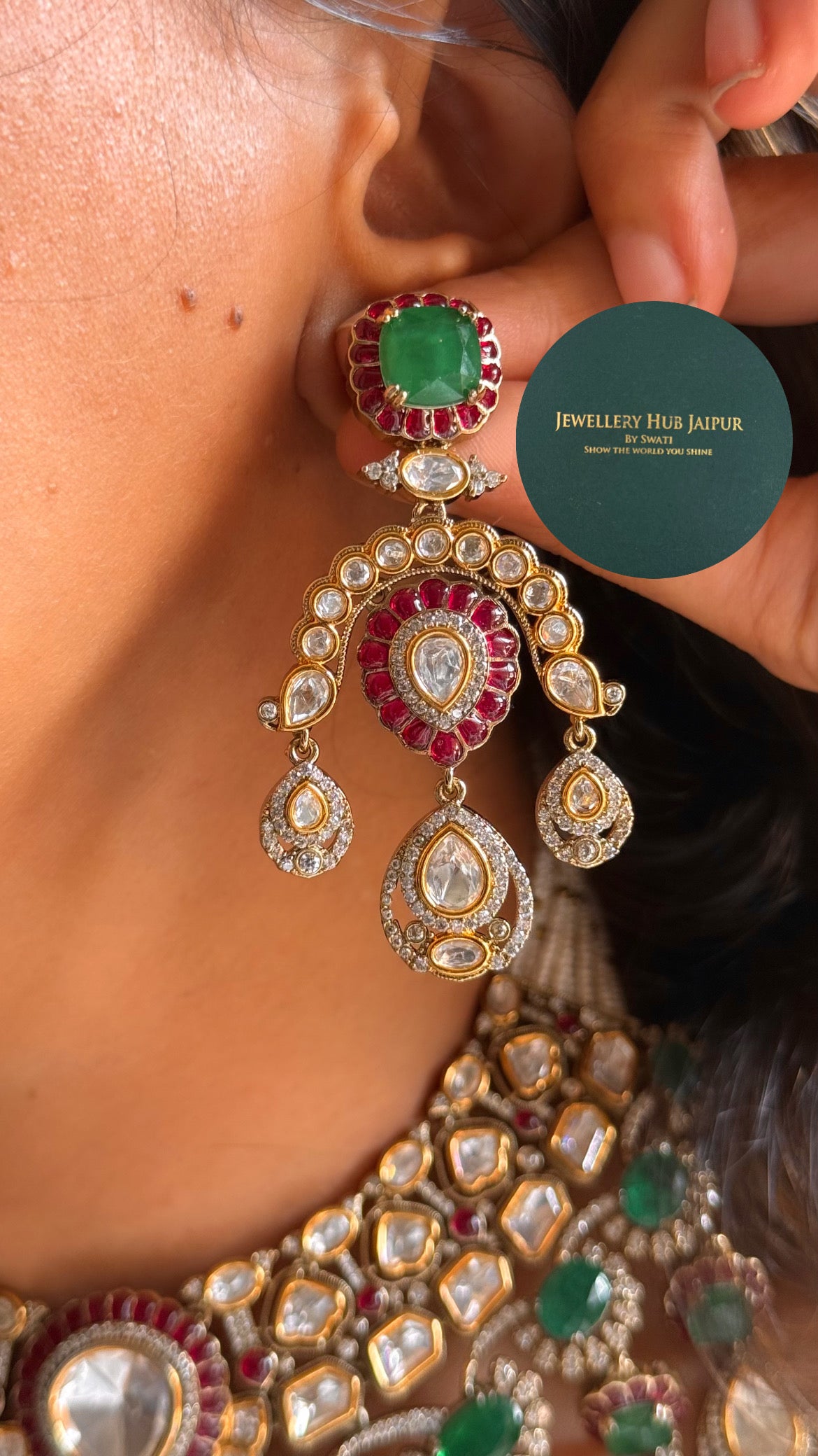 Emerald doublet & rani pink moissanite uncut polki bridal choker set