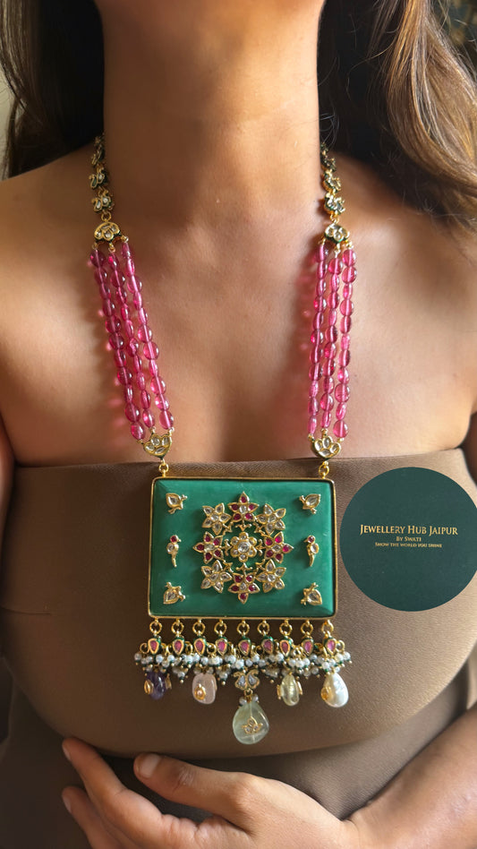 Emerald inlay work & rani pink string meenakari paachi with navratna drop inlay heritage long set