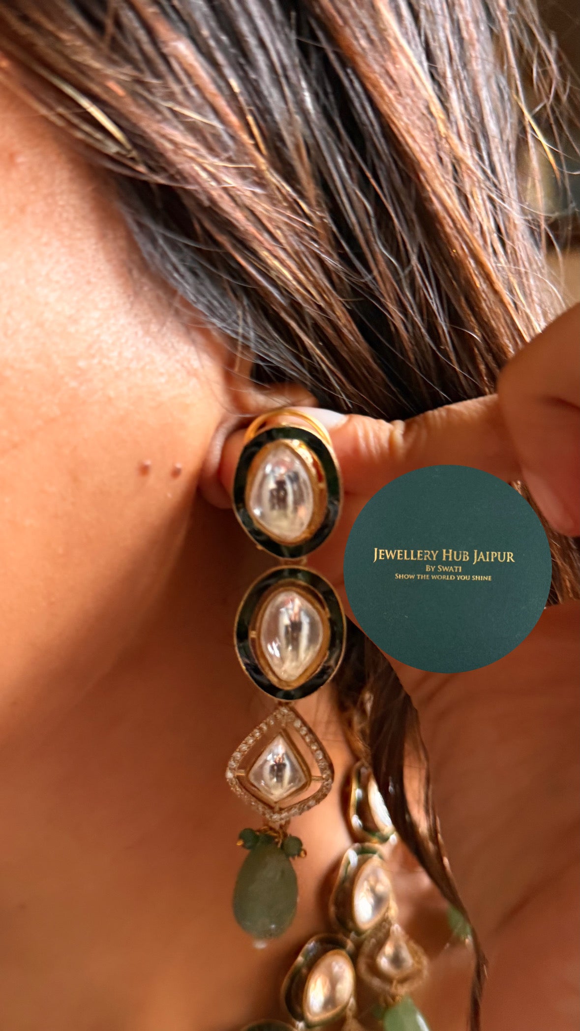 Emerald meenakari drop shape polki necklace