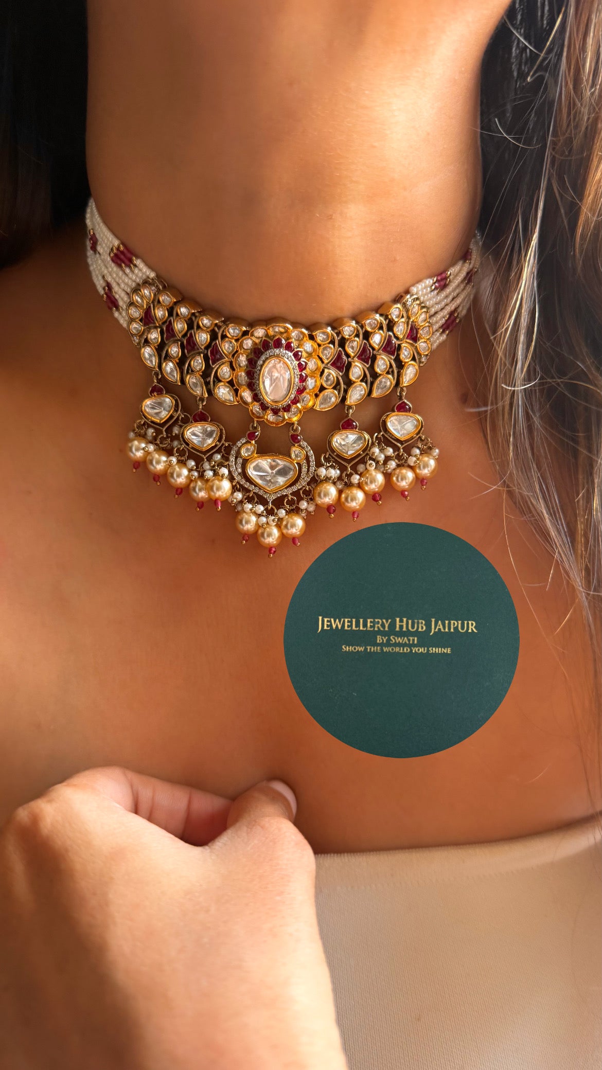 Rani pink moissanite polki with pearl drop rajwada choker set