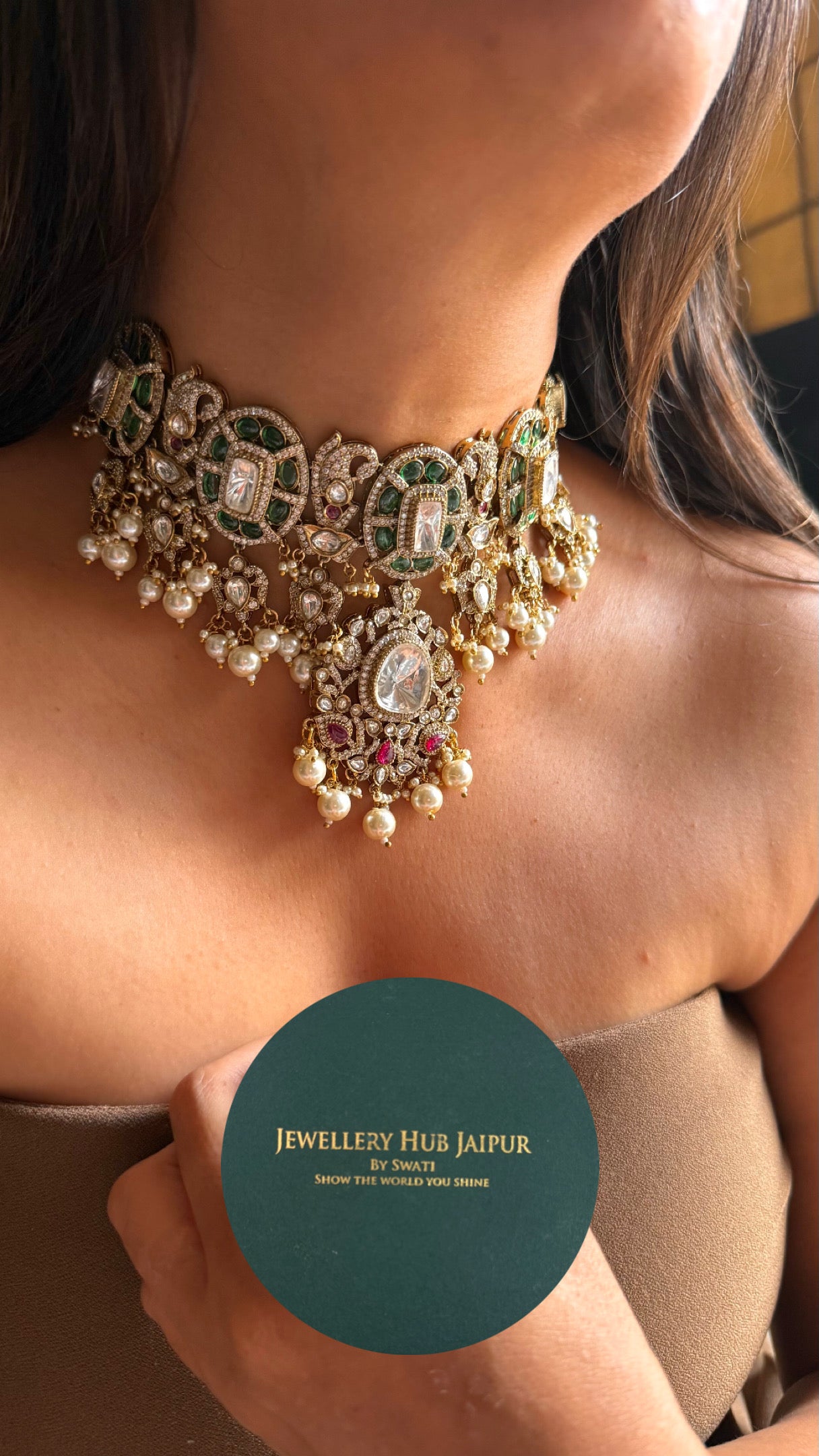 Bridal asia real Moissanite emerald & ruby necklace