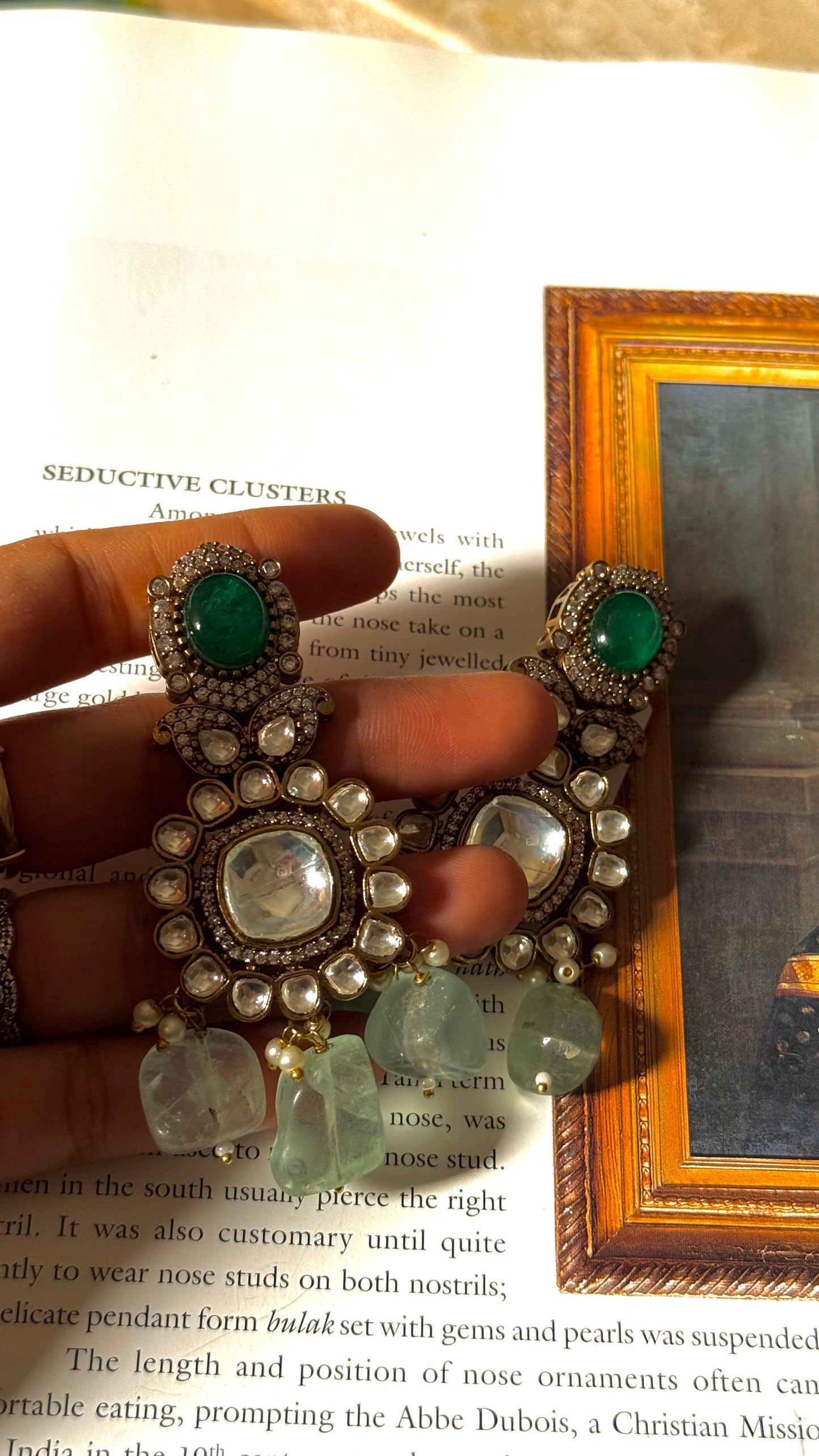 Emerald victorian uncut polki danglers