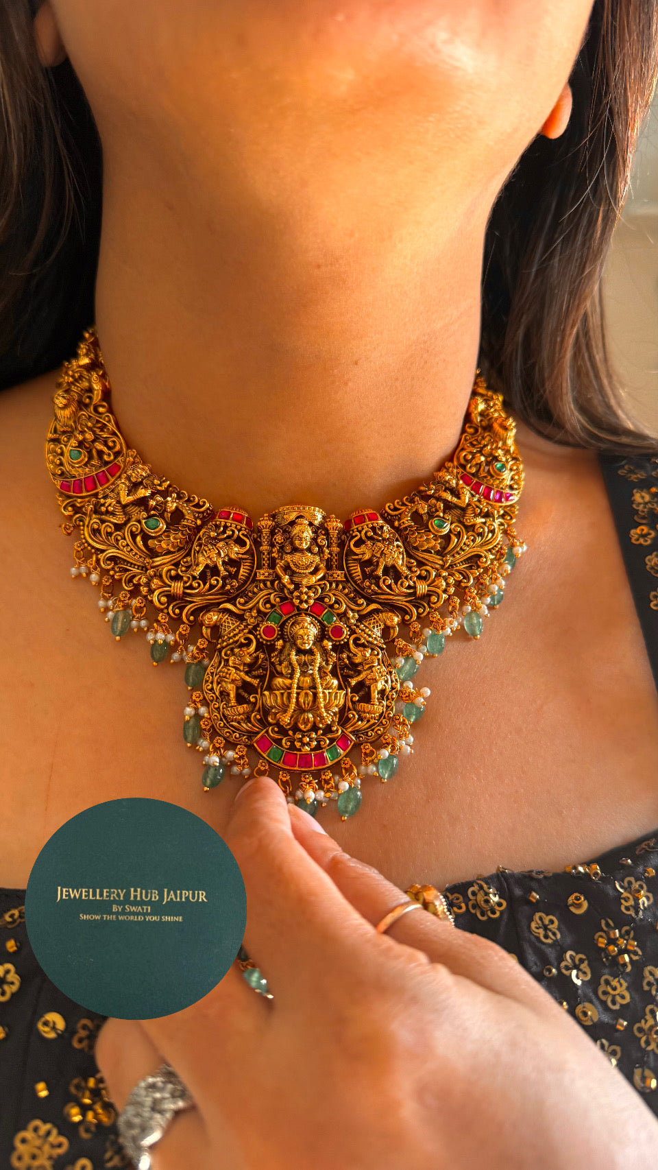 Dual goddess Laxmi ruby temple necklace