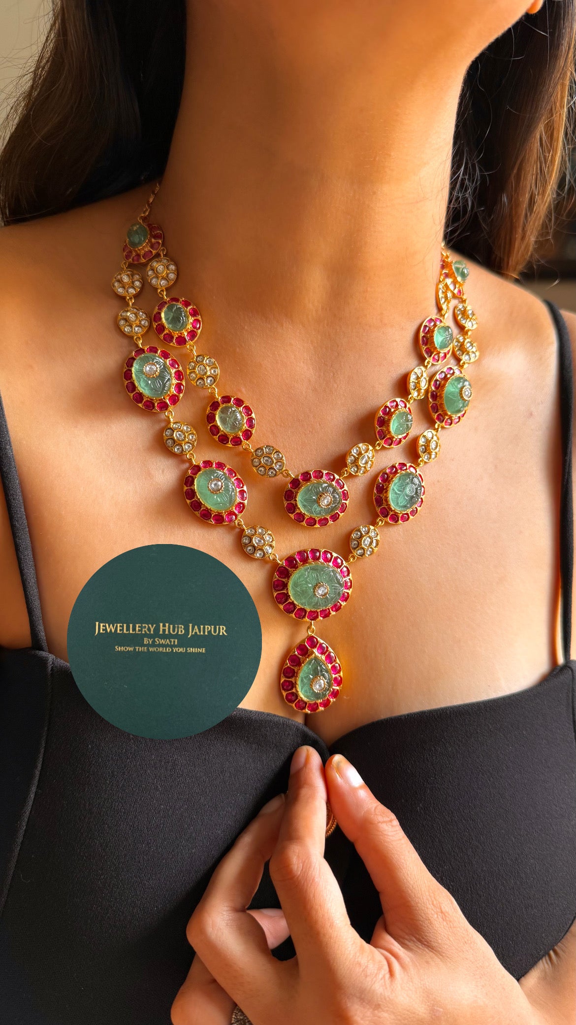 Amrapali inspired Natural stone Mint & rani pink dual layer collar set