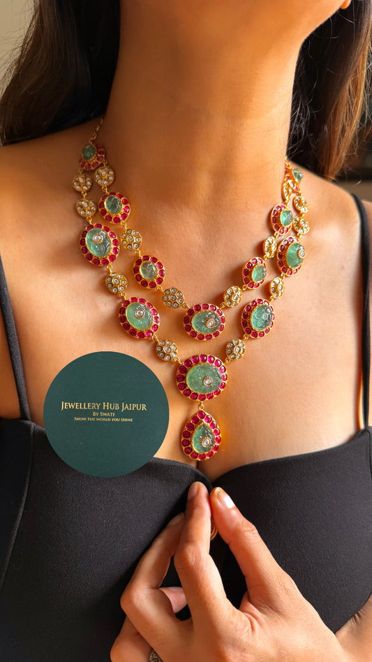 Amrapali inspired Natural stone Mint & rani pink dual layer collar set