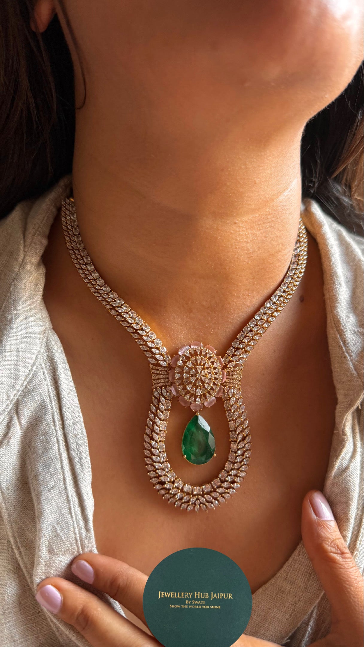 Emerald & rose quartz doublets with cz diamond desginer necklace
