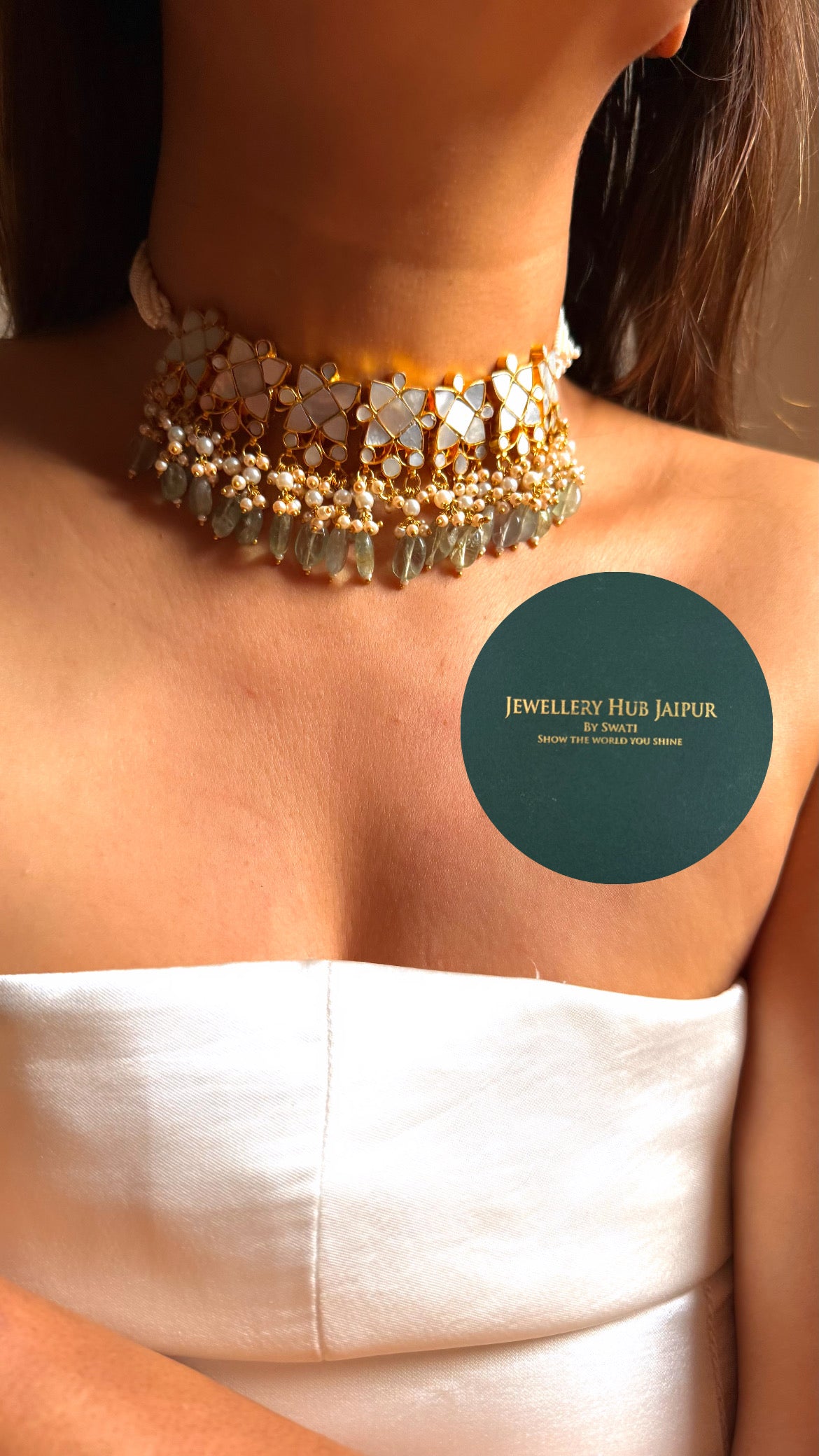 Mother of pearls floral with mint drops rajwada choker set