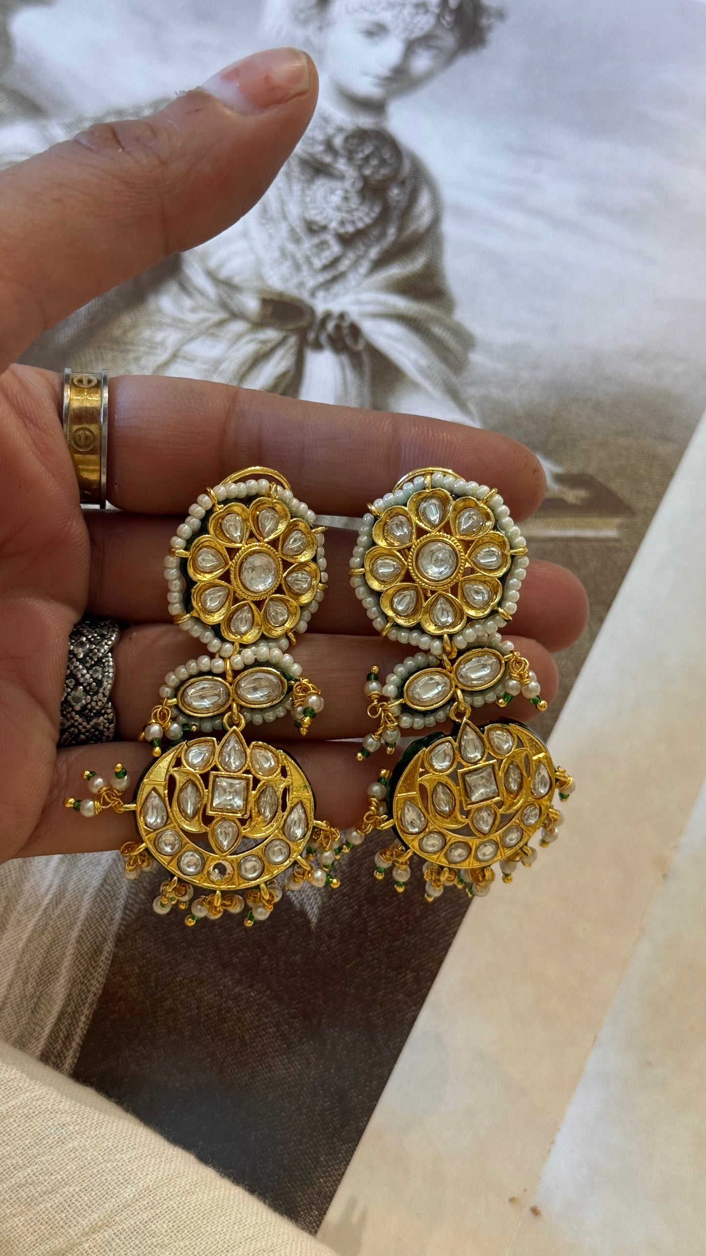 Meenakari gold polki earrings with pearl hangings