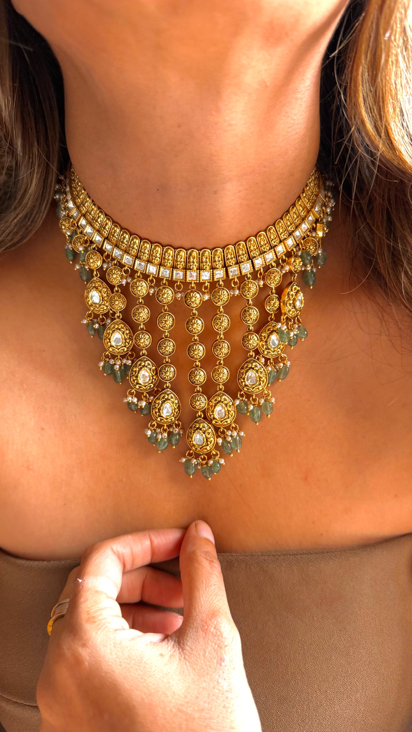 Oxidised heritage gold waterfall necklace with drop detailing