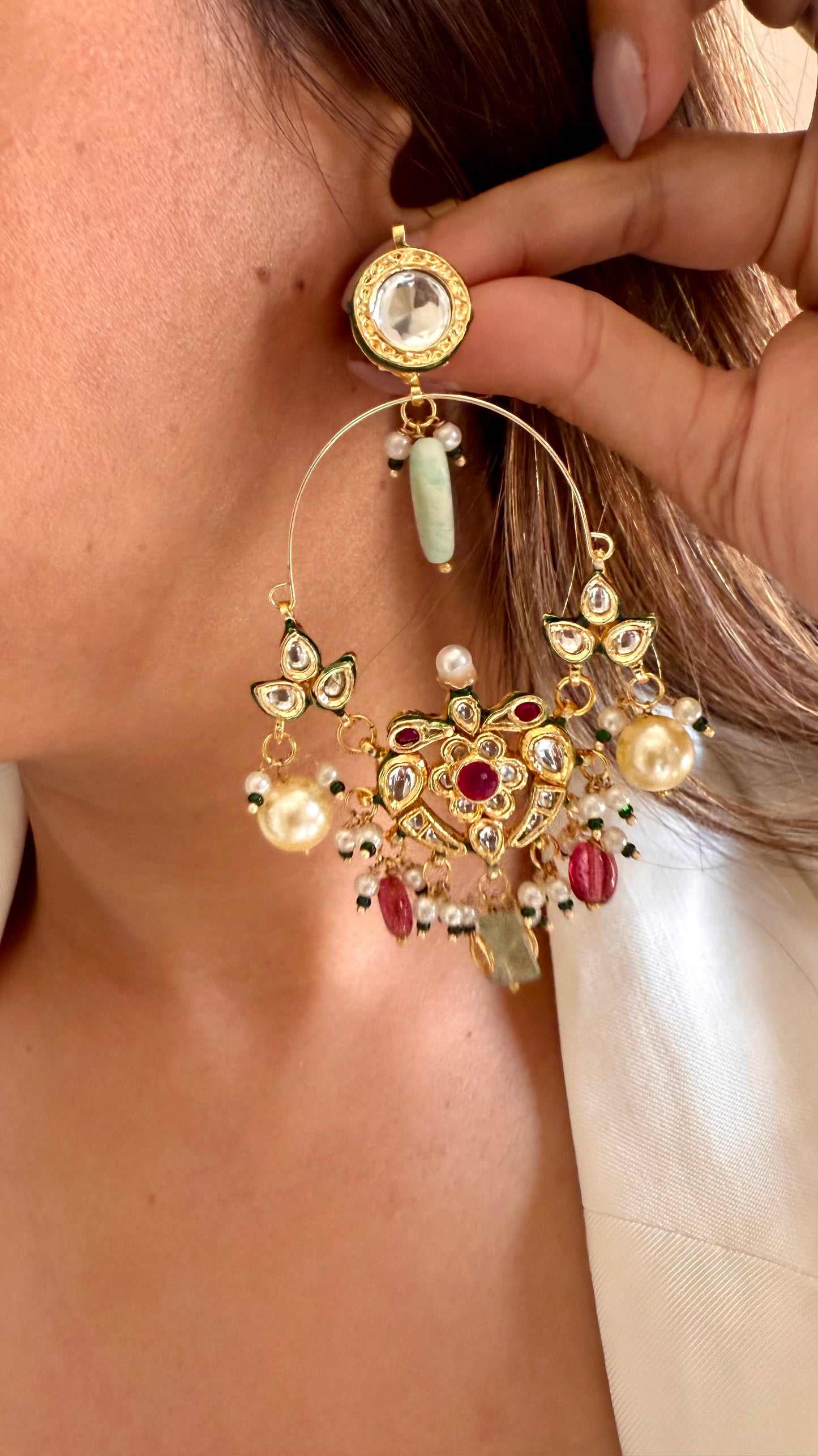 Meenakari ruby drop moissanite polki chandbali