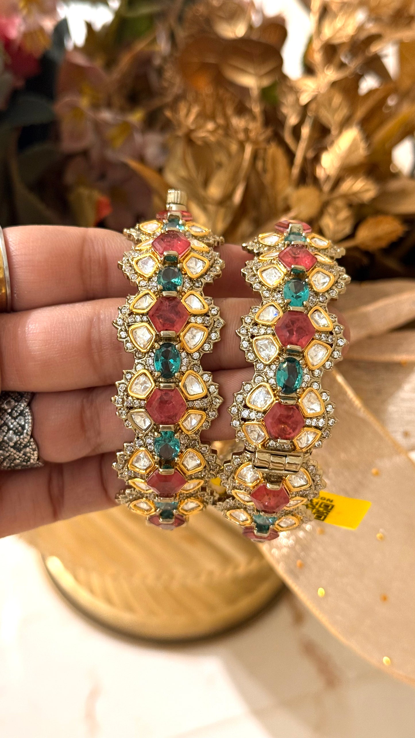 Turquoise & Mauve Moissanite Polki Bangles